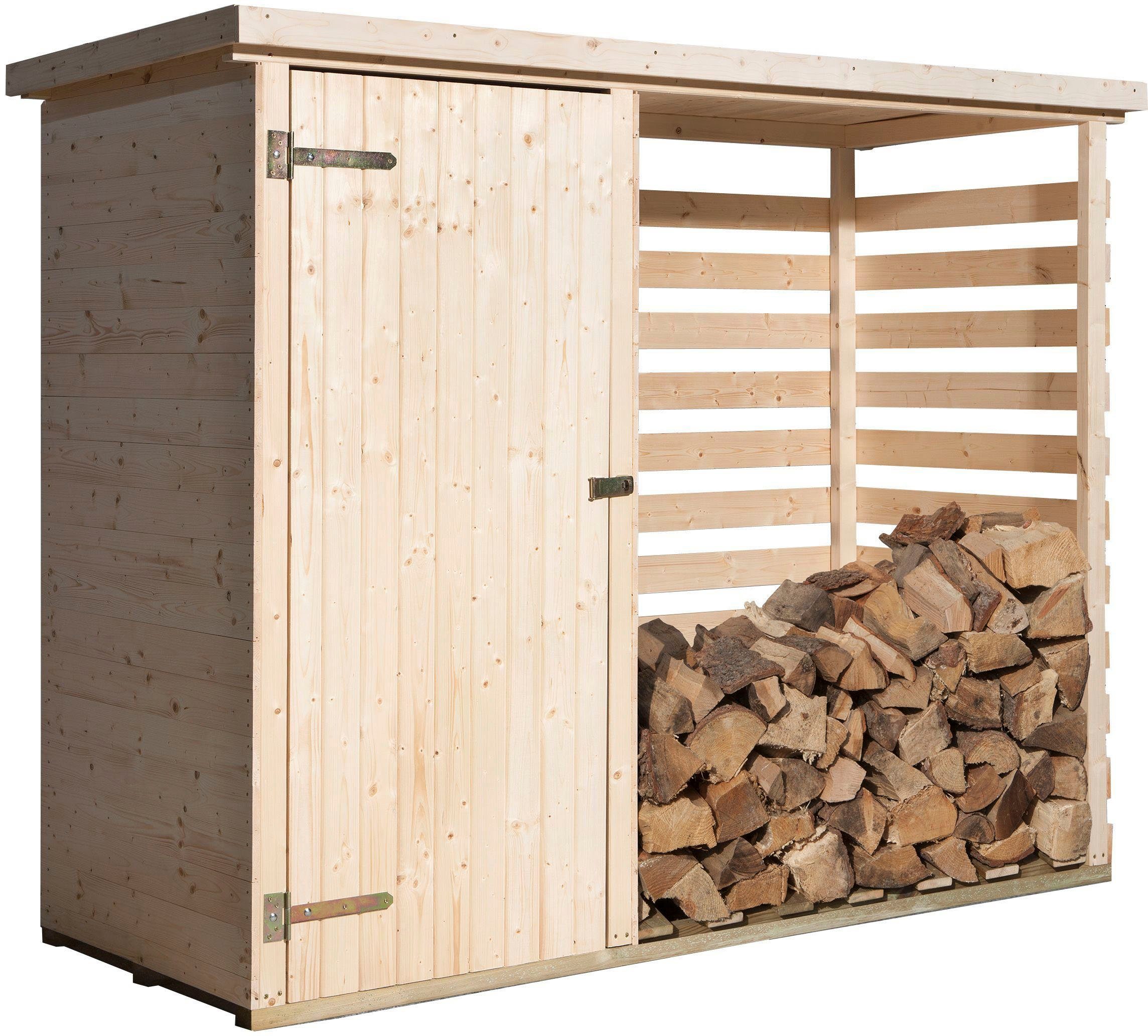 weka Kaminholzregal "663", Lagerraum für Brennholz mit integriertem Geräteraum, BxTxH:254x96x193 cm, 2,7m³ Lagerplatz, aus naturbelassenem Fichtenholz
