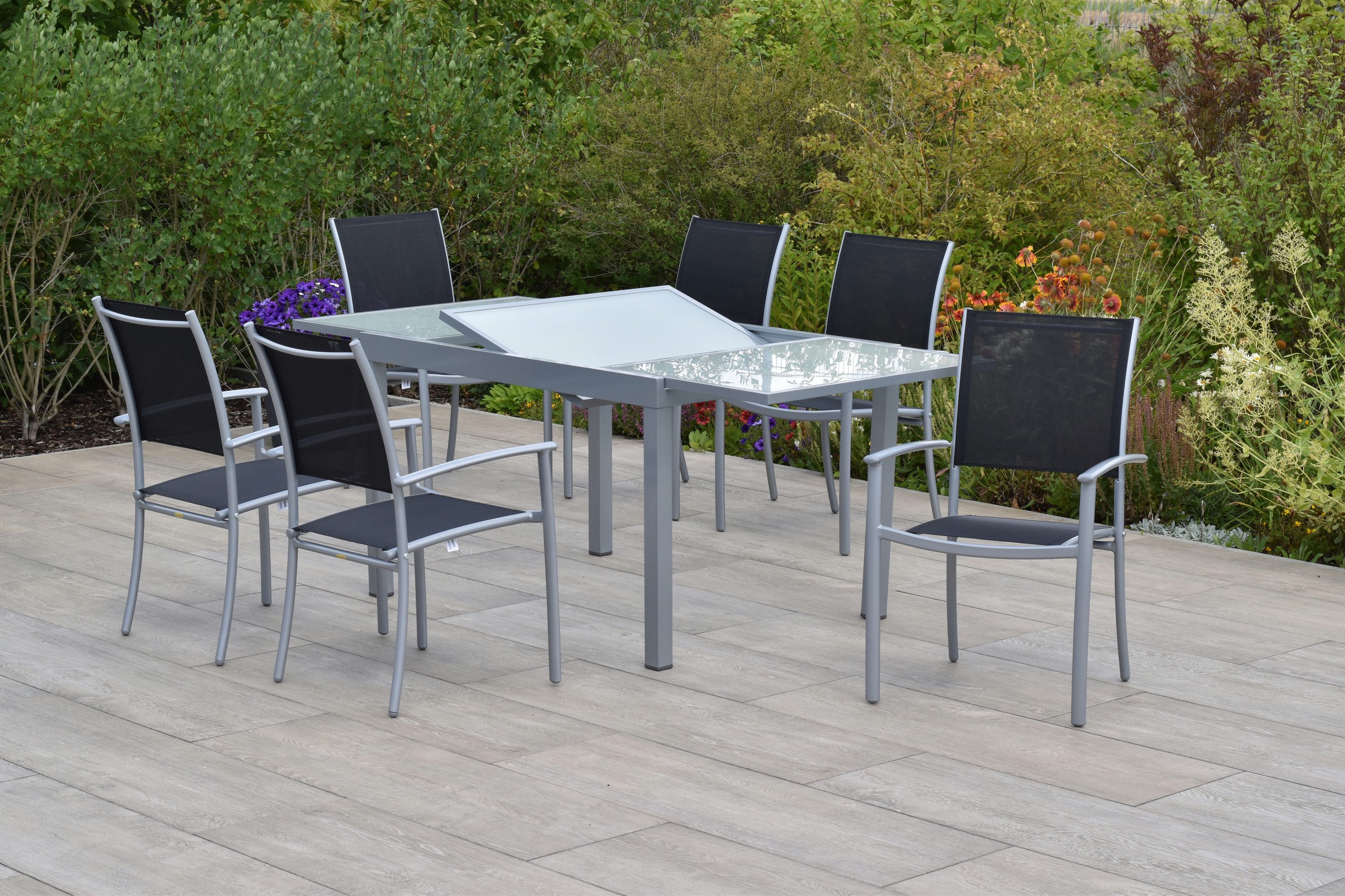 MERXX Garten-Essgruppe »Milano«, (Set, 7-tlg., Pulverbeschichtetes Aluminiumgestell), Ausziehtisch: LxB: 120-180 x 90 cm