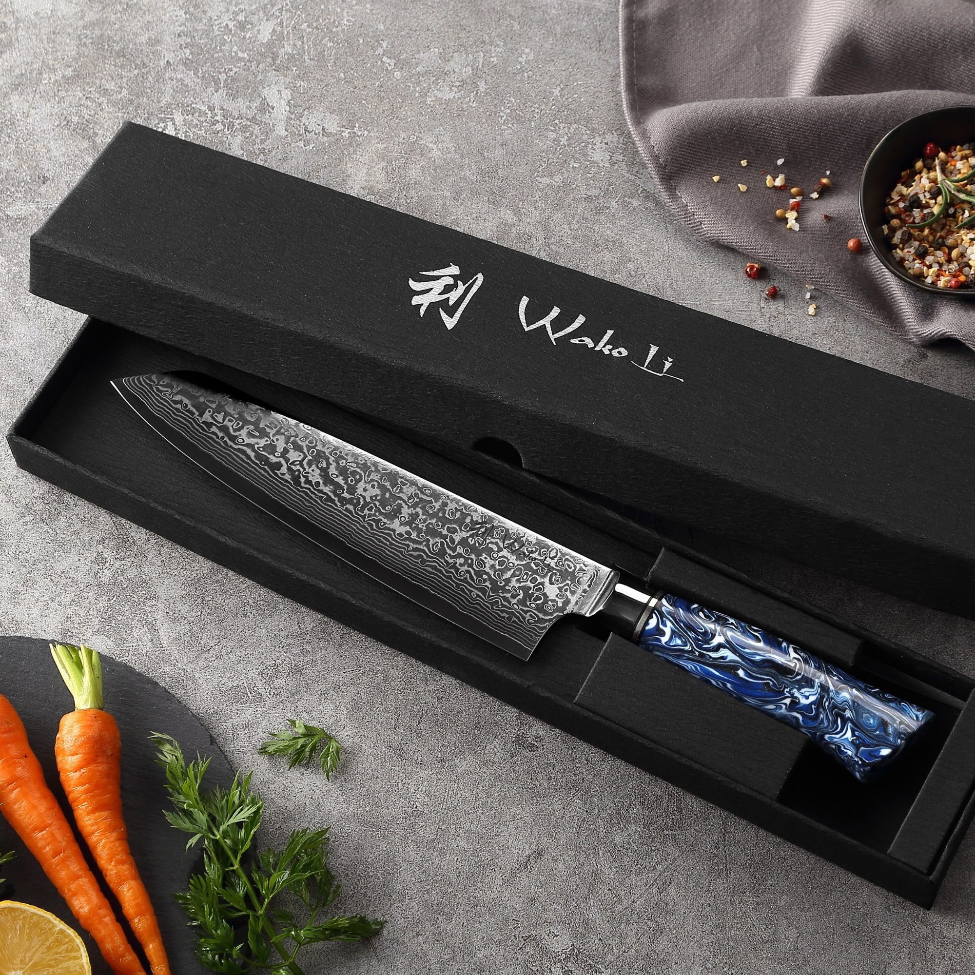 Wakoli Asiamesser Damast Chefmesser Kiritsuke Küchenmesser 20 cm Klinge Epoxidharzgriff, Damaststahl, VG-10