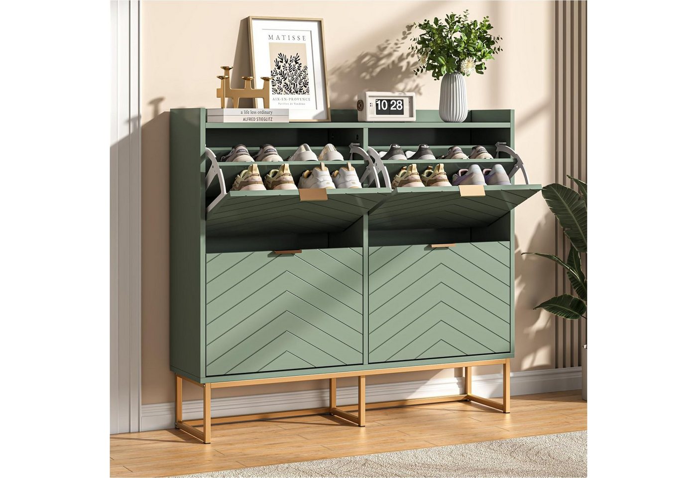 UEV Schuhschrank schmal mit 4 Klappen, Schuhregal Flurschrank mit Metellbeine (100x24x103,5cm (BxTxH) Schuhkipper) moderne Schuhkommode mit verstellbaren Trennwänden & Kippschutz