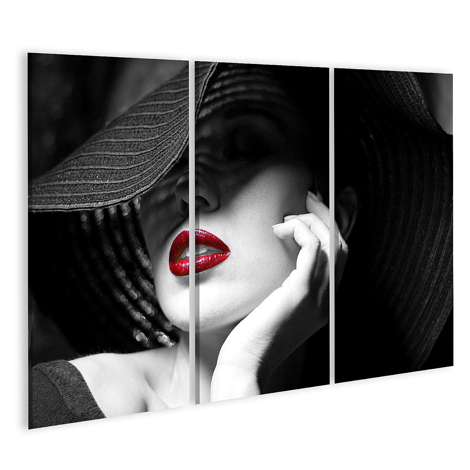 islandburner Leinwandbild Bild auf Leinwand Mysteriöse Frau mit schwarzem Hut und roten Lippen W