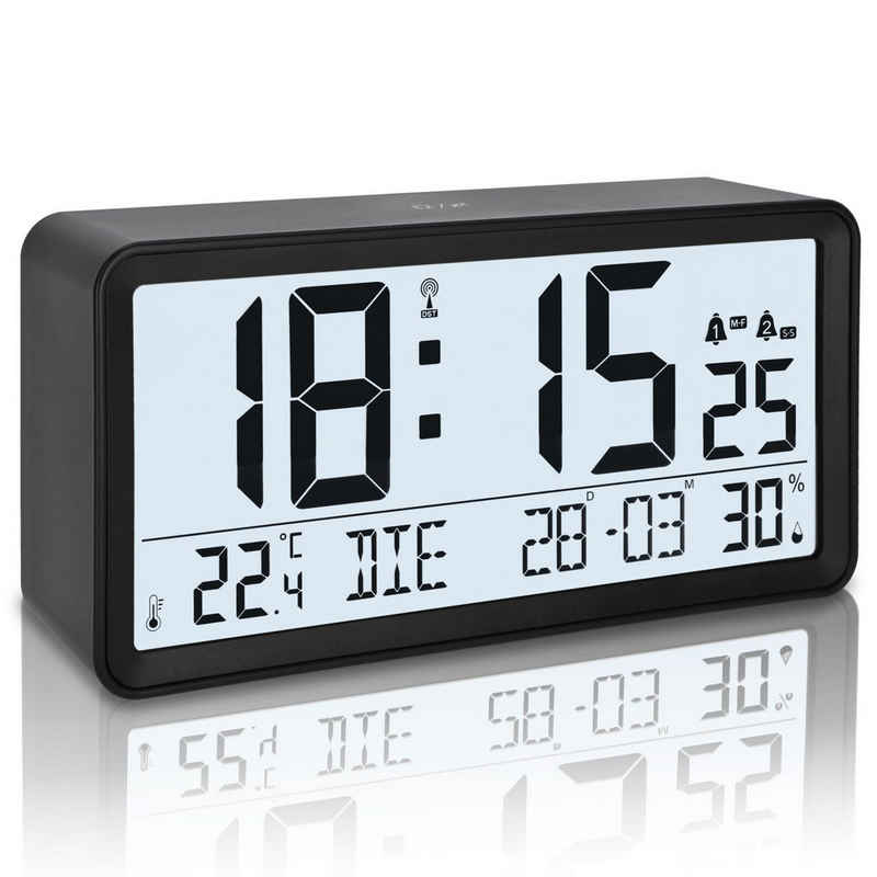 ADE Funktischuhr XXL, digital mit extra großen Ziffern, zum Aufstellen und Aufhängen, Funkwecker mit Thermometer, Hygrometer, 2 Weckzeiten
