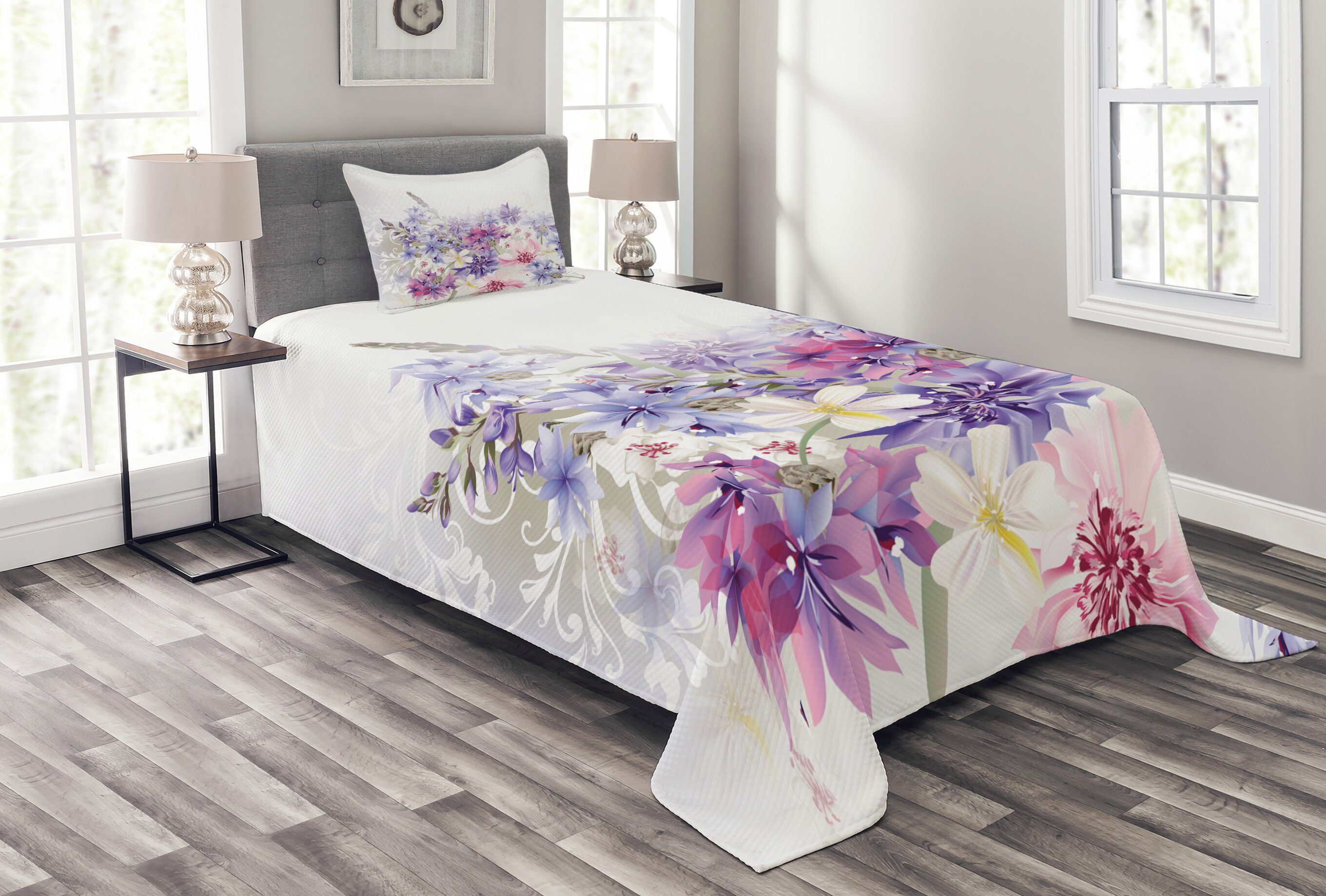 Tagesdecke Set mit Kissenbezügen Waschbar, Abakuhaus, Lavendel Rosa Lila Blumen | Tagesdecken
