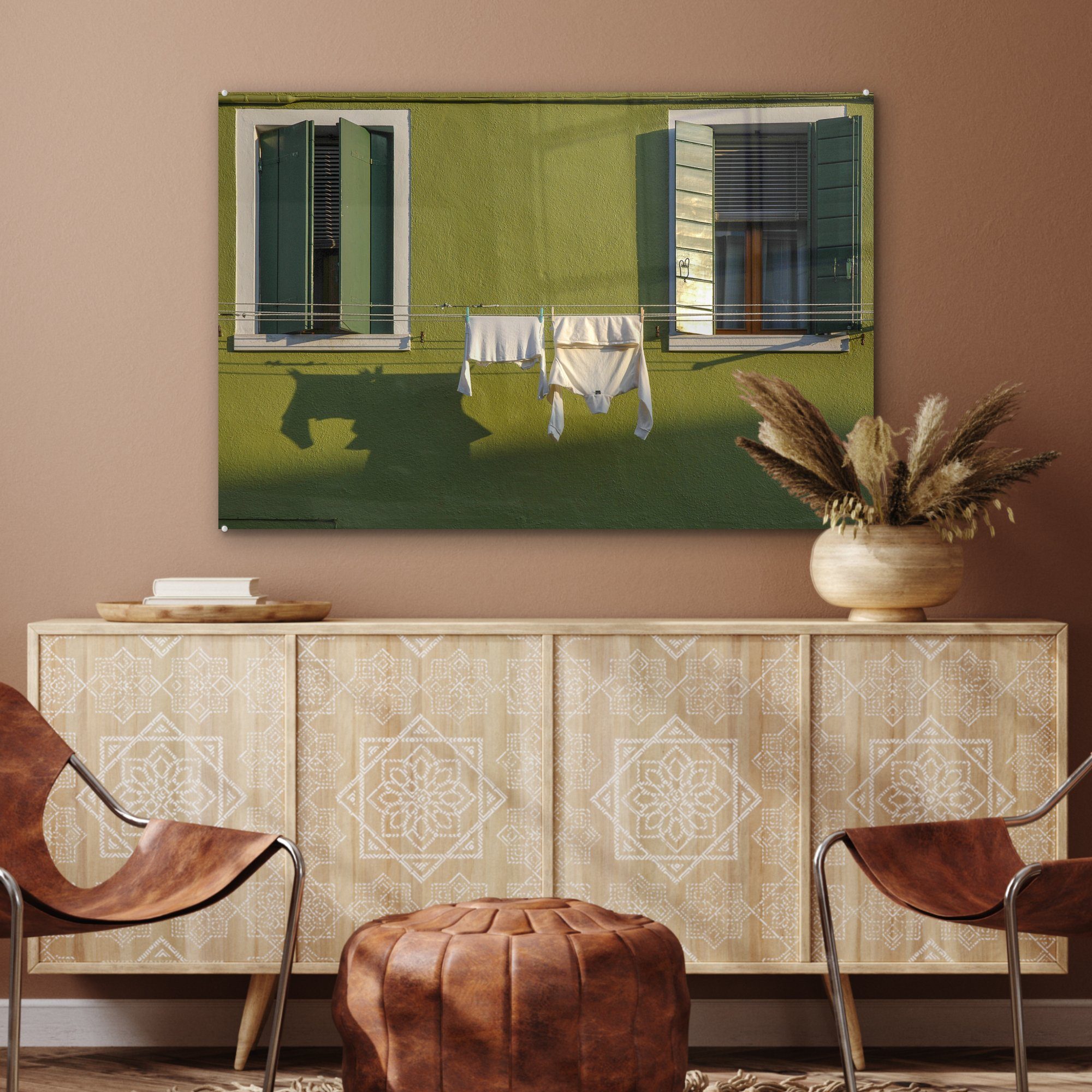 Wand, St), (1 Wohnzimmer an Acrylglasbild Schlafzimmer Acrylglasbilder mit Wäscheleine der MuchoWow & Grüne Fensterläden