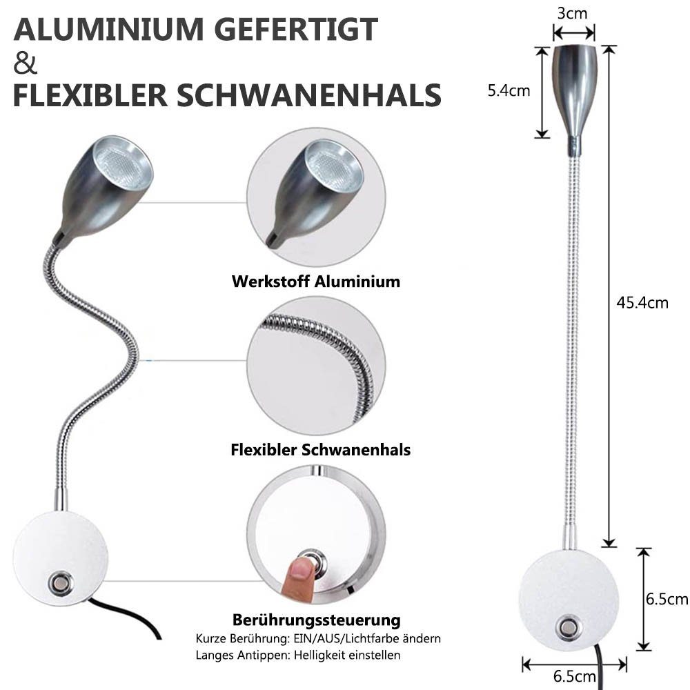 Rosnek LED zum Bett, Farbmodi, dimmbar, Warmweiß, mit 3 Leselampe Touch-Steuerung, Lesen am Kaltweiß, Schwanenhals Wandhalterung, flexiblem Silber Naturweiß