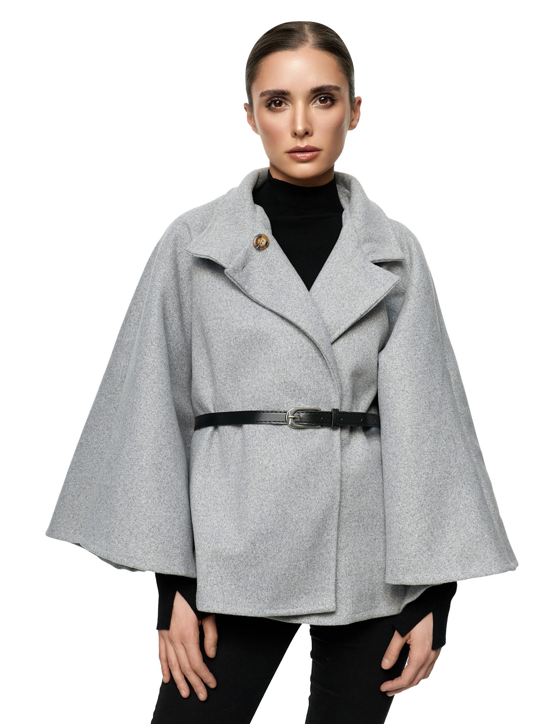 Worldclassca Poncho Worldclassca Poncho Crop Jacke Elegant Umhang Stehkragen mit Gürtel Neue Kollektion - Stilvolle und gemütliche Mode für Damen