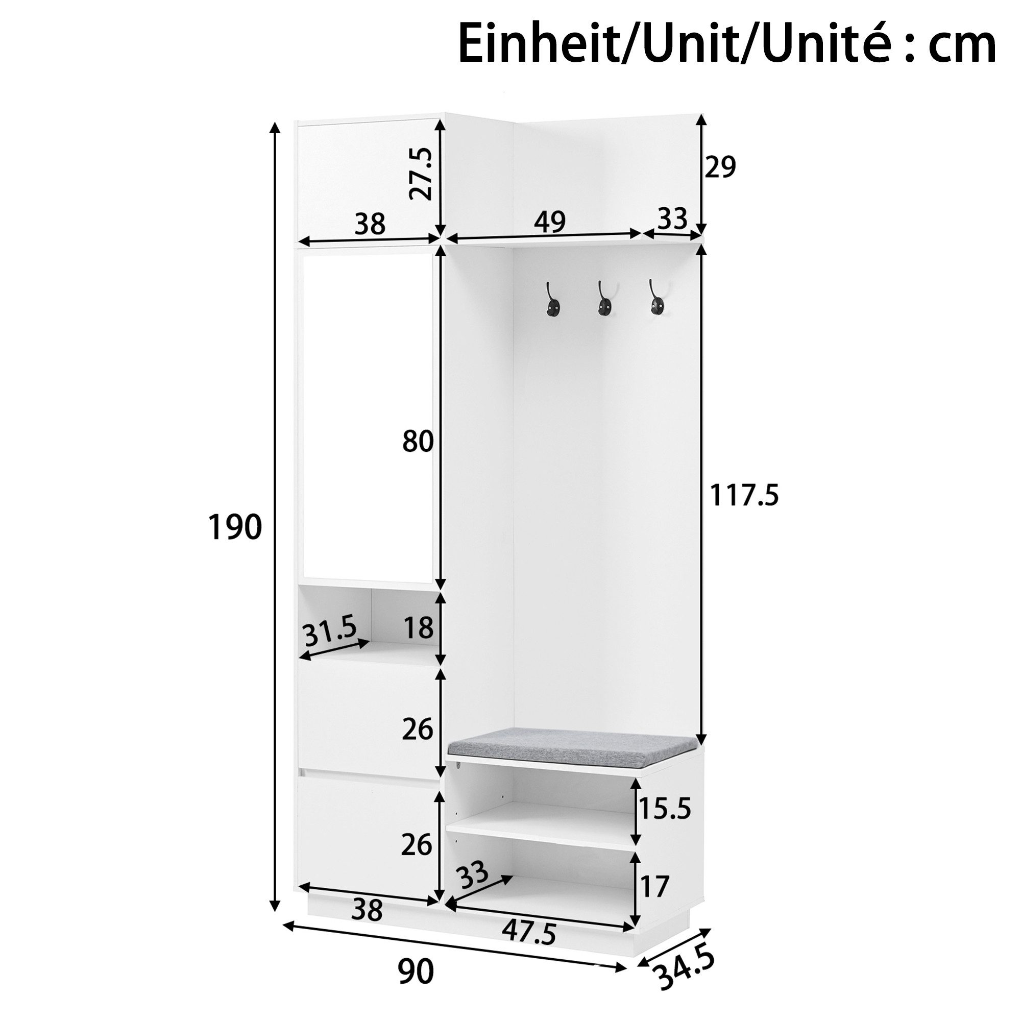 Merax Garderoben-Set 5-in-1 Kompaktgarderobe Scandi Garderobenkombination, (1-St., 90 L × 34,5 B × 190 H (cm), Flurgarderoben Set mit Spiegel Sitzbank Schuhrega – Bild 5 von 5