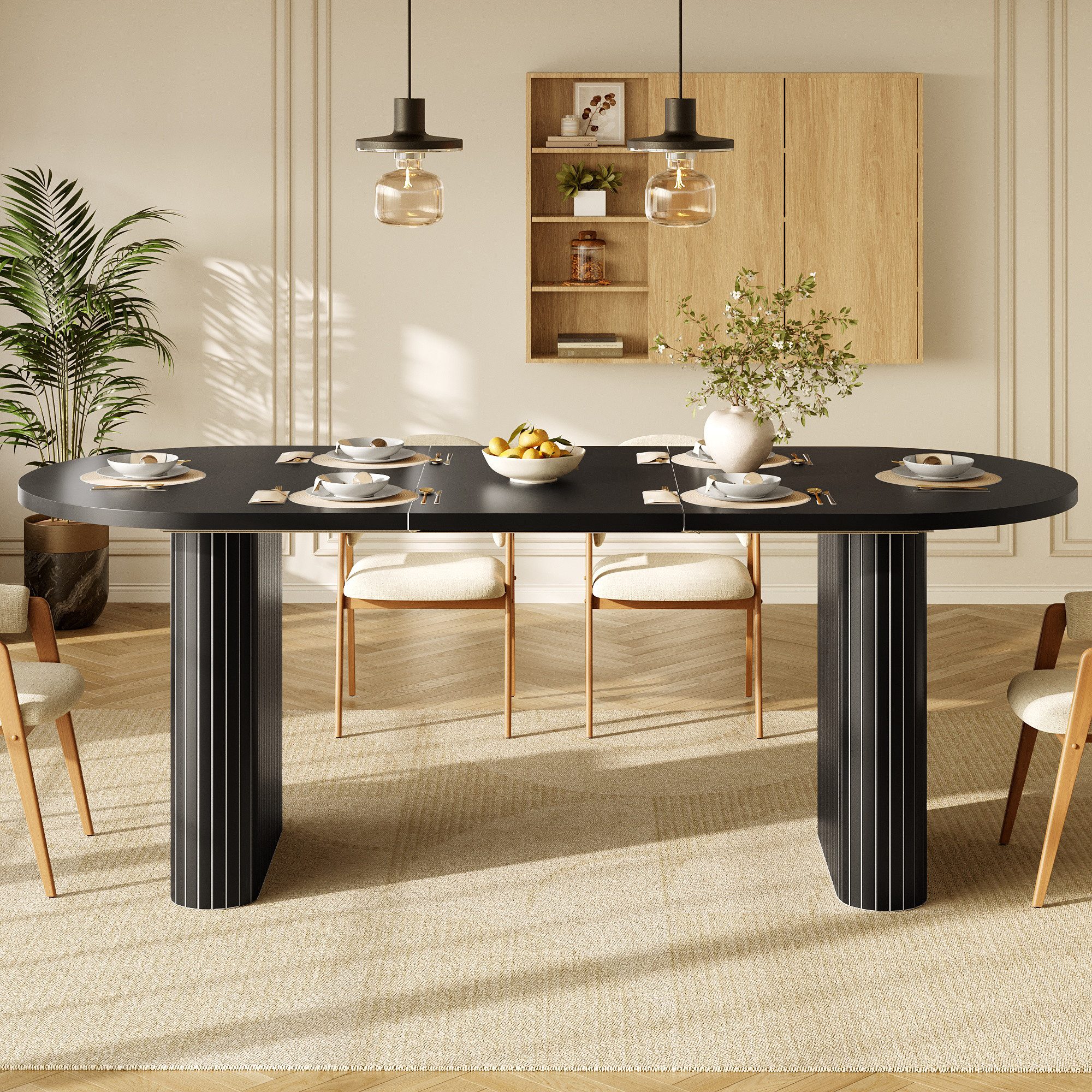 Flieks Esstisch (verstellbare Länge 120-160/T80/H75,5 cm, 1-St., 1 Tisch), ausziehbarer Küchentisch ovaler Schreibtisch Bürotisch Schwarz