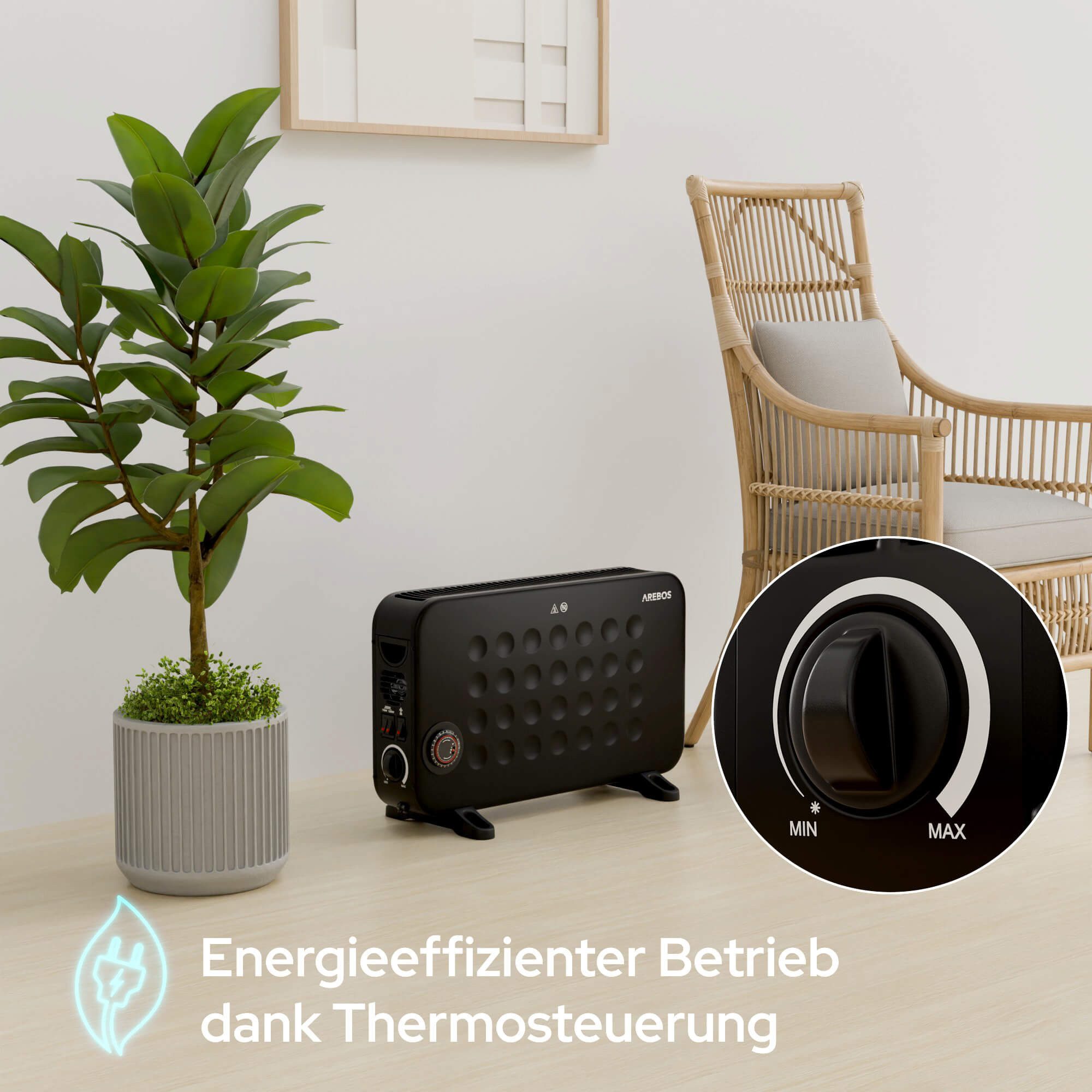 Arebos Konvektor 2000 W 3 Heizstufen, Sensorgesteuert integriertes Thermostat, Überhitzungsschutz, LCD-Display Timer mobiles Heizgerät – Bild 5 von 5