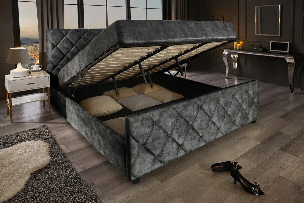 riess-ambiente Boxbett ELYSIUM 180x200cm dunkelgrau – Samt, Bettkasten & Kopfteil, Lattenrost (Einzelartikel, 1-St), Kingsize, Stauraum unter der Liegefläche, elegante Ziersteppung