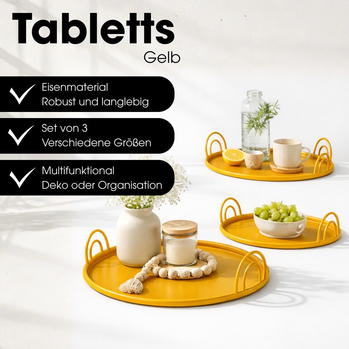 Mica Decorations Dekotablett Mica Decorations Tablett mit Griffen – Set von 3 – Gelb