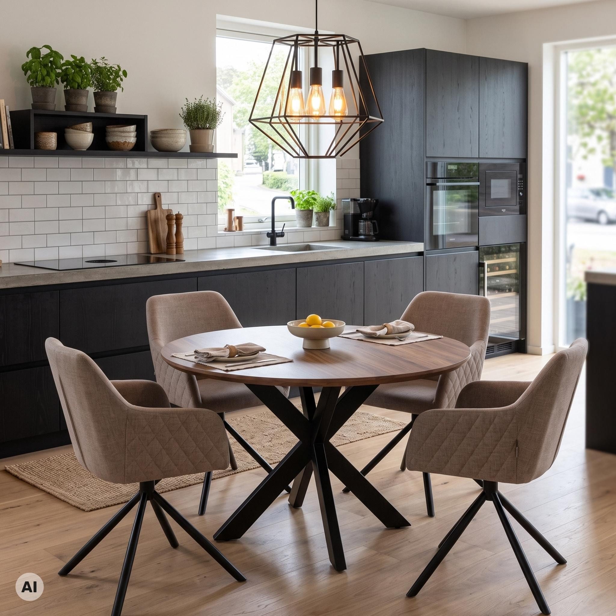 MR.DEKO Esszimmer-Set Essgruppe Cuneo light brown & Tisch Avola 110cm Esstisch-Set, (5-teiliges Essgruppe-Set mit 4 Sesseln & Mangotisch, 5-St., Esszimmer-Set für 4 Personen), 4 drehbare Sessel in Braun & runder Tisch aus Mangoholz
