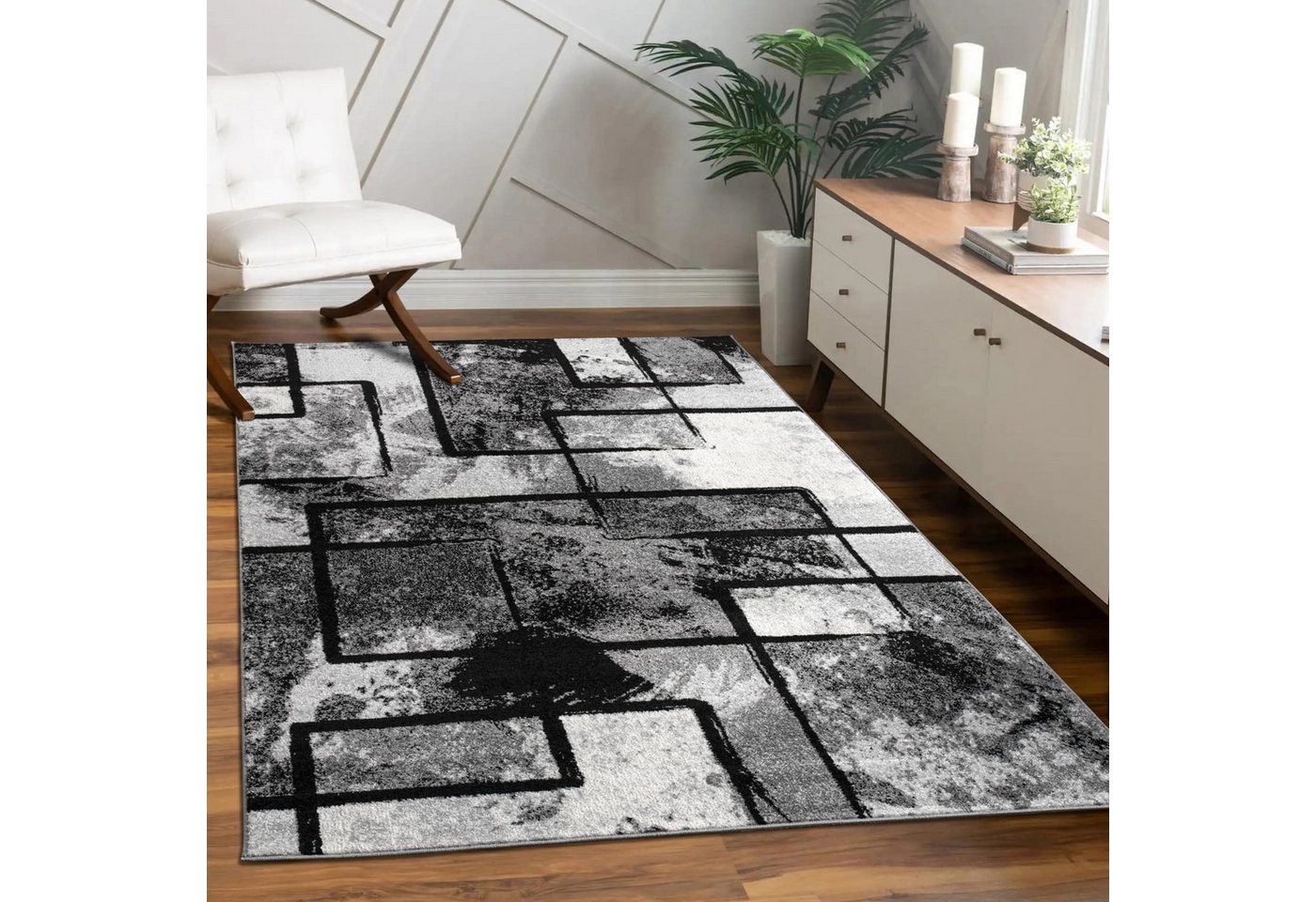 KADIMA DESIGN Teppich Geometrisches Rechteckmuster Wohnzimmer Teppich Kurzflor, Rechteckig, Höhe: 14 mm, Florhöhe: 10 mm, 100% Polypropylen, Rechteckig, 60x100cm, Grau