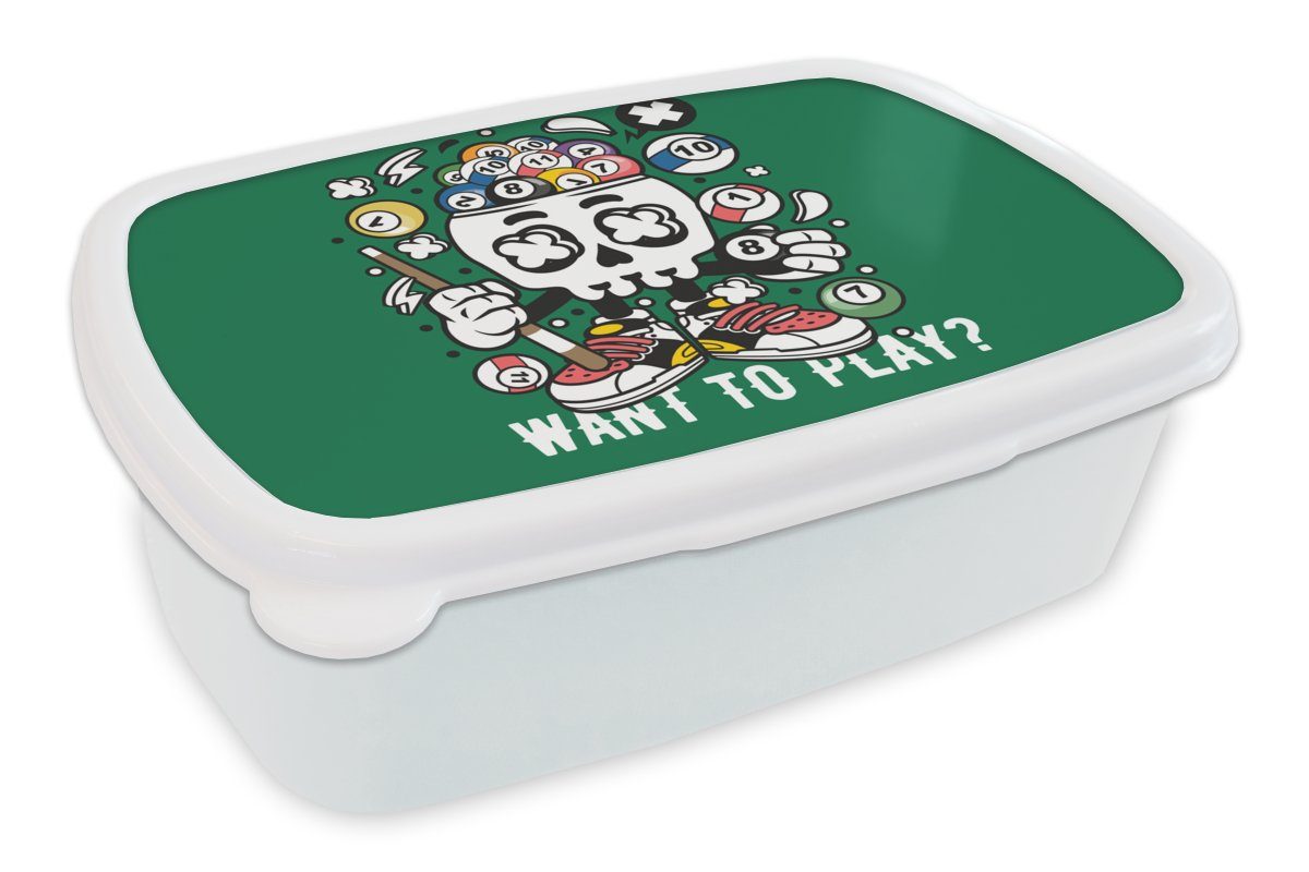 MuchoWow Lunchbox Billard - Totenkopf - Vintage, Kunststoff, (2-tlg), Brotbox für Kinder und Erwachsene, Brotdose, für Jungs und Mädchen weiß