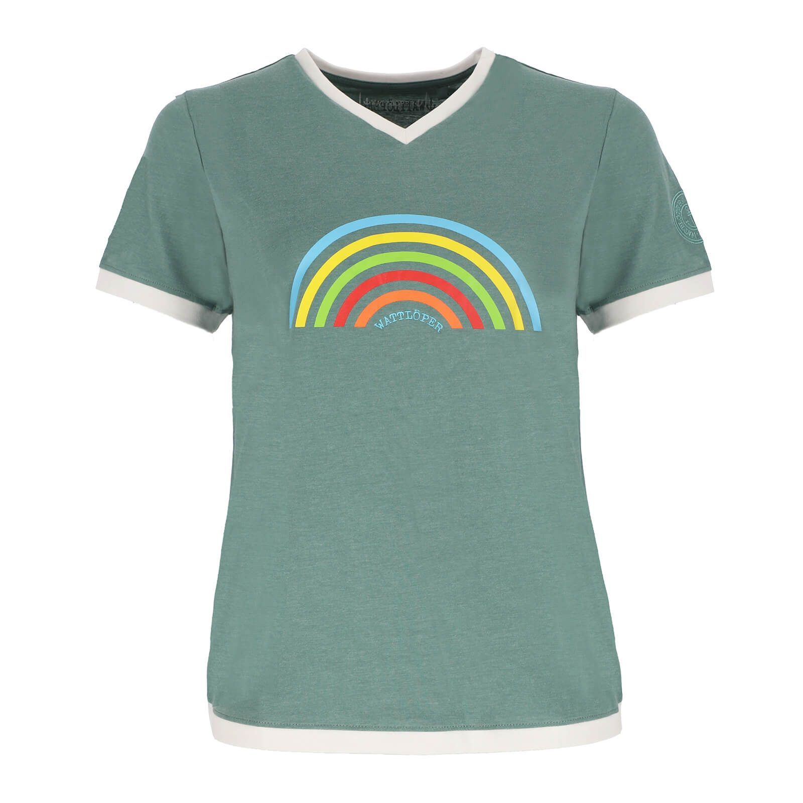 Wattlöper T-Shirt 11367 Damen T-Shirt mit Regenbogen-Print - Kurzarm-Shirt mit V-Ausschnitt