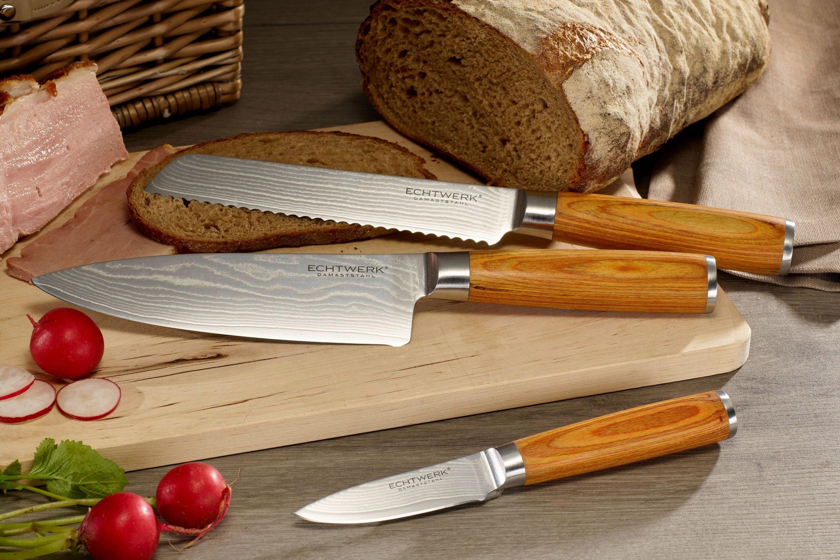 ECHTWERK Messer-Set Damaszener (Set, 3-tlg), Küchenmesser-Set mit Holzgriffen in natürlicher Optik