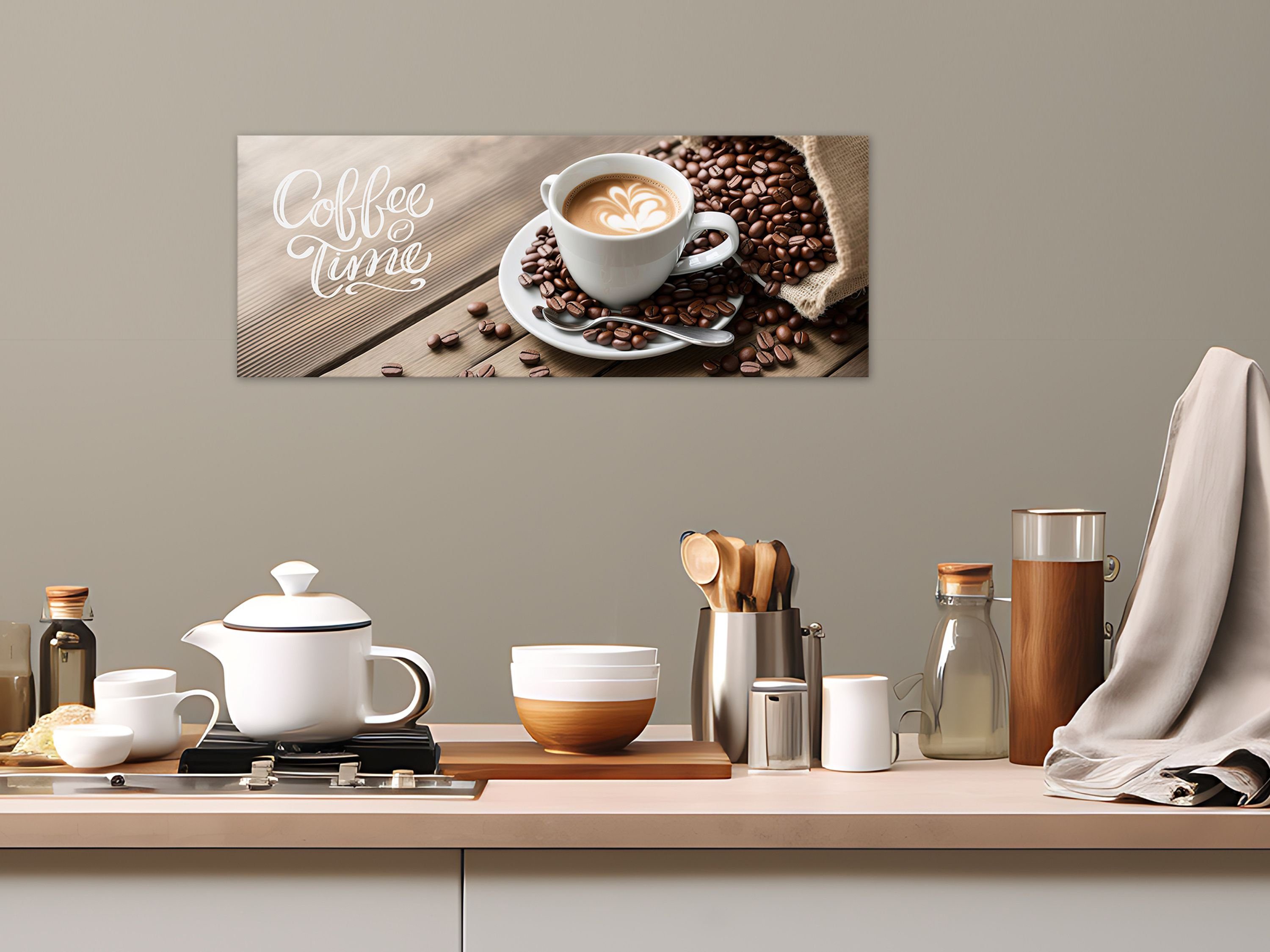 Essen Cafe Glasbild Glasbild und Trinken: 80x30cm Bild Kaffeetasse Kaffebohnen Küchenbild artissimo Küche braun, Glas / Kaffee aus