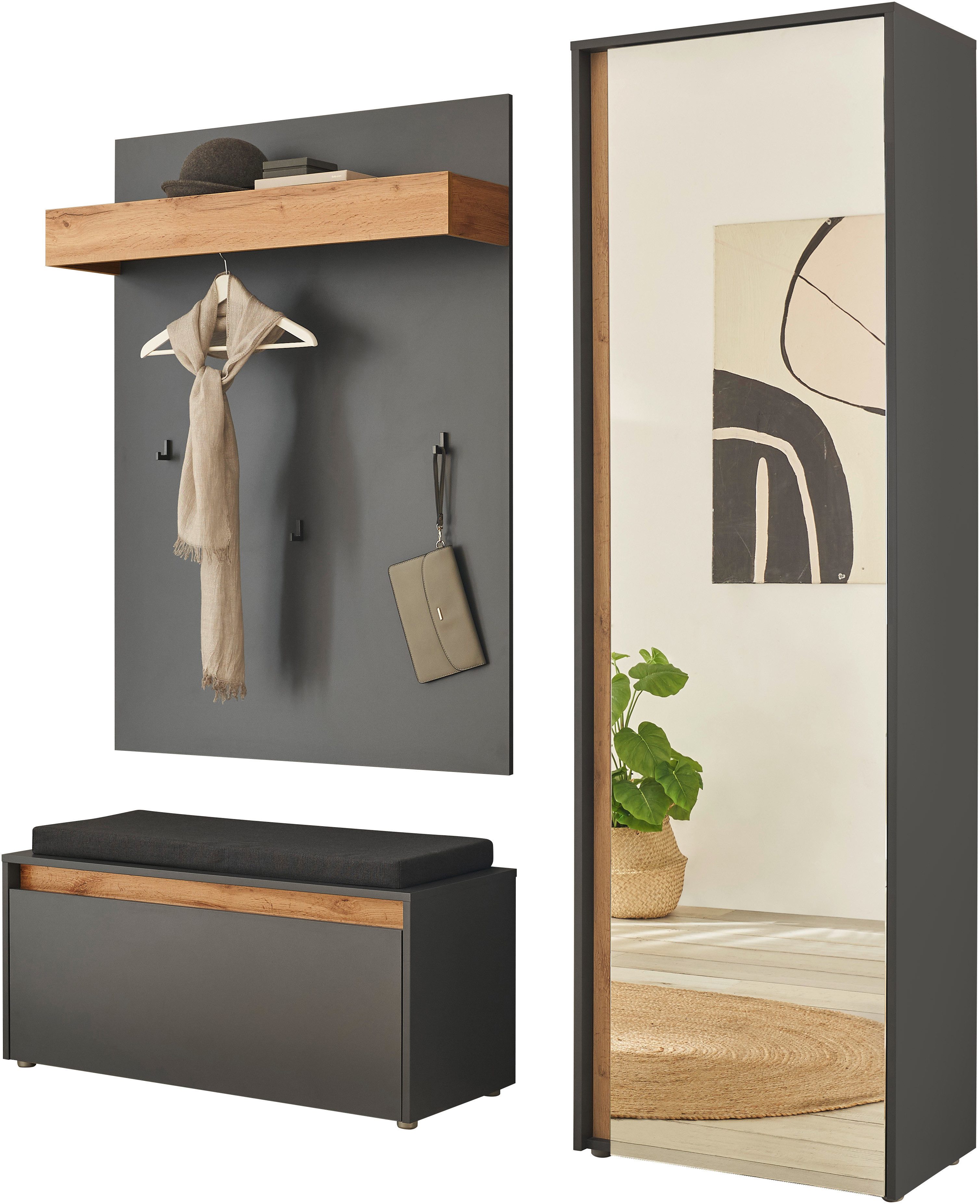 Home affaire Garderoben-Set GIRON/CiTY, moderne Garderobe, Komplettset mit viel Stauraum, (Komplett-Set, 3-St), enthält Garderobenschrank, Paneel, Schuhbank ink – Bild 2 von 5