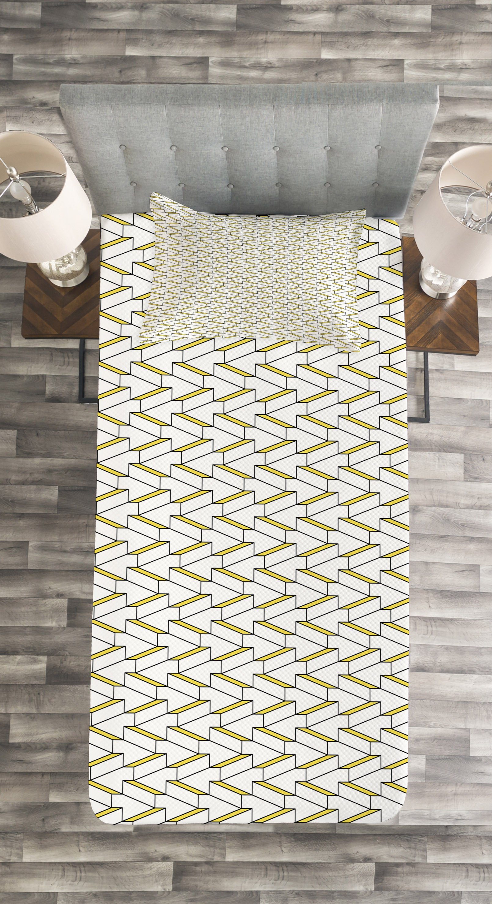 Weiß Tagesdecke Brick Kissenbezügen Set Waschbar, Abakuhaus, mit Gelb Entwurf und