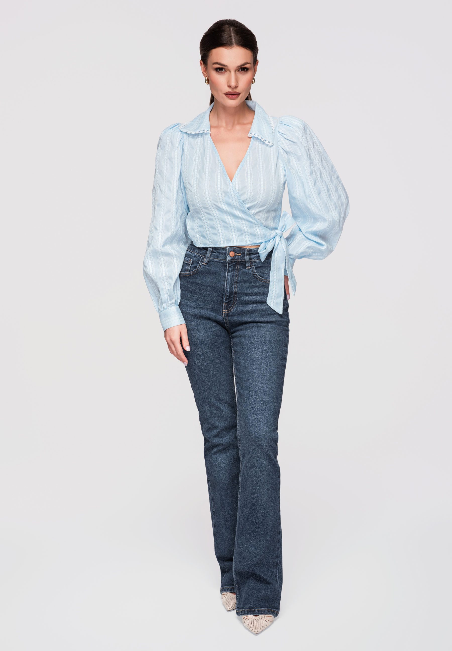 OMBRE Langarmbluse Damen Wickelbluse Kurz Slim Fit Blau L (kein Set, 1-tlg) Wickelbluse, taillierter Schnitt, Bindeband in der Taille