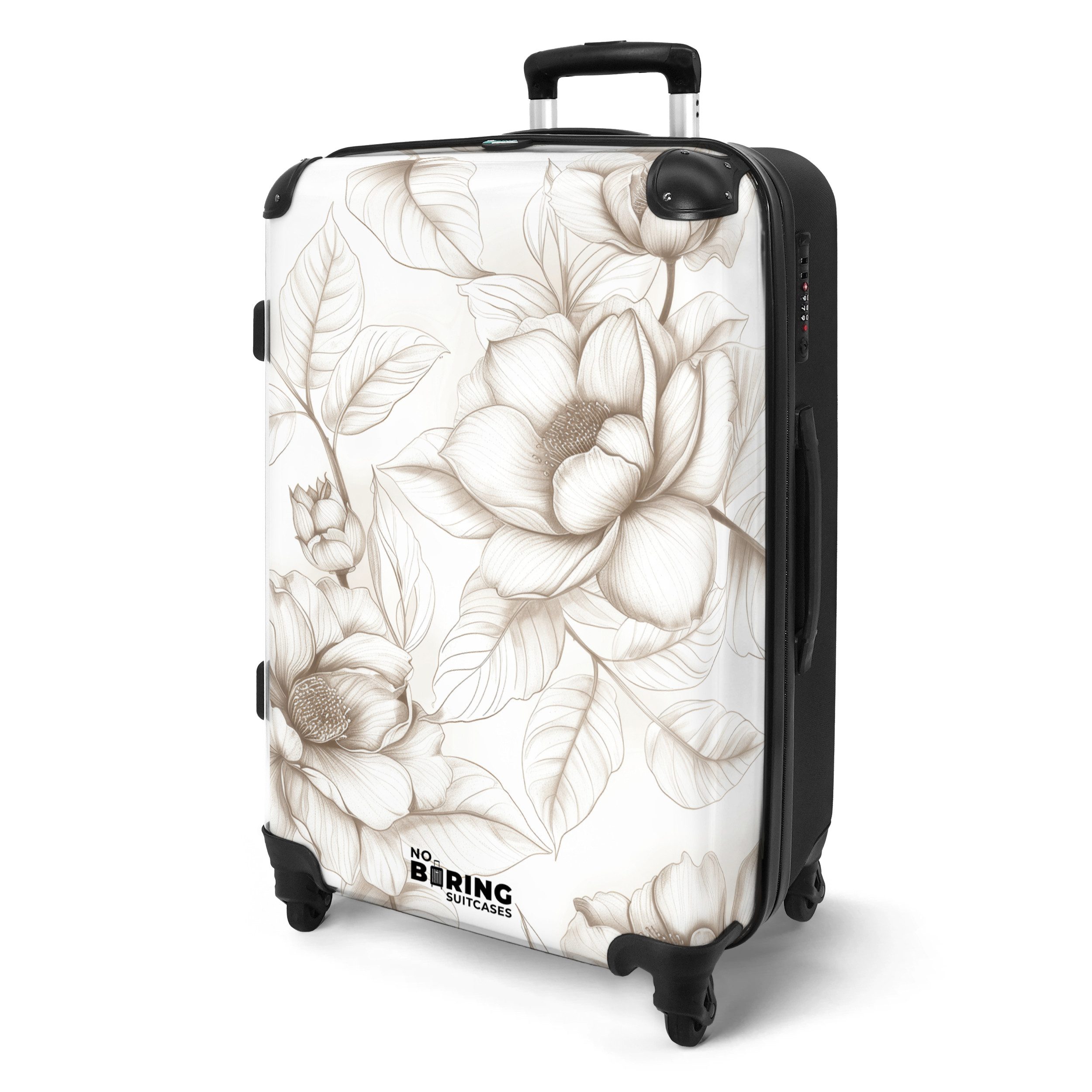 NoBoringSuitcases.com© Hartschalen-Trolley Weiß mit beigen Blumen günstig online kaufen