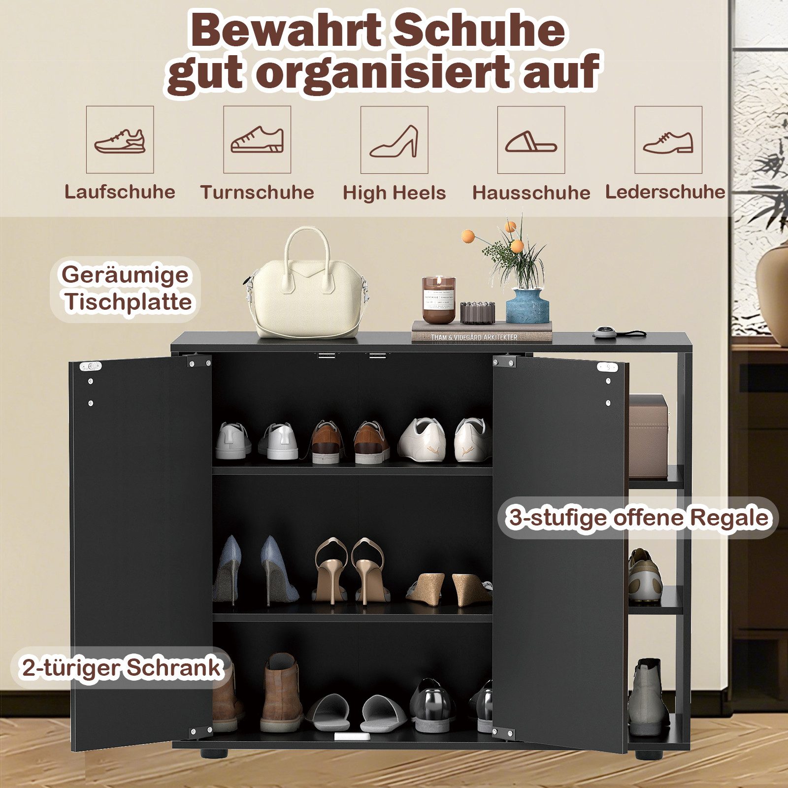 COSTWAY Schuhschrank Schuhregal mit verstellbare Regal, Holz, 12-15 Paar Schuhe – Bild 3 von 5