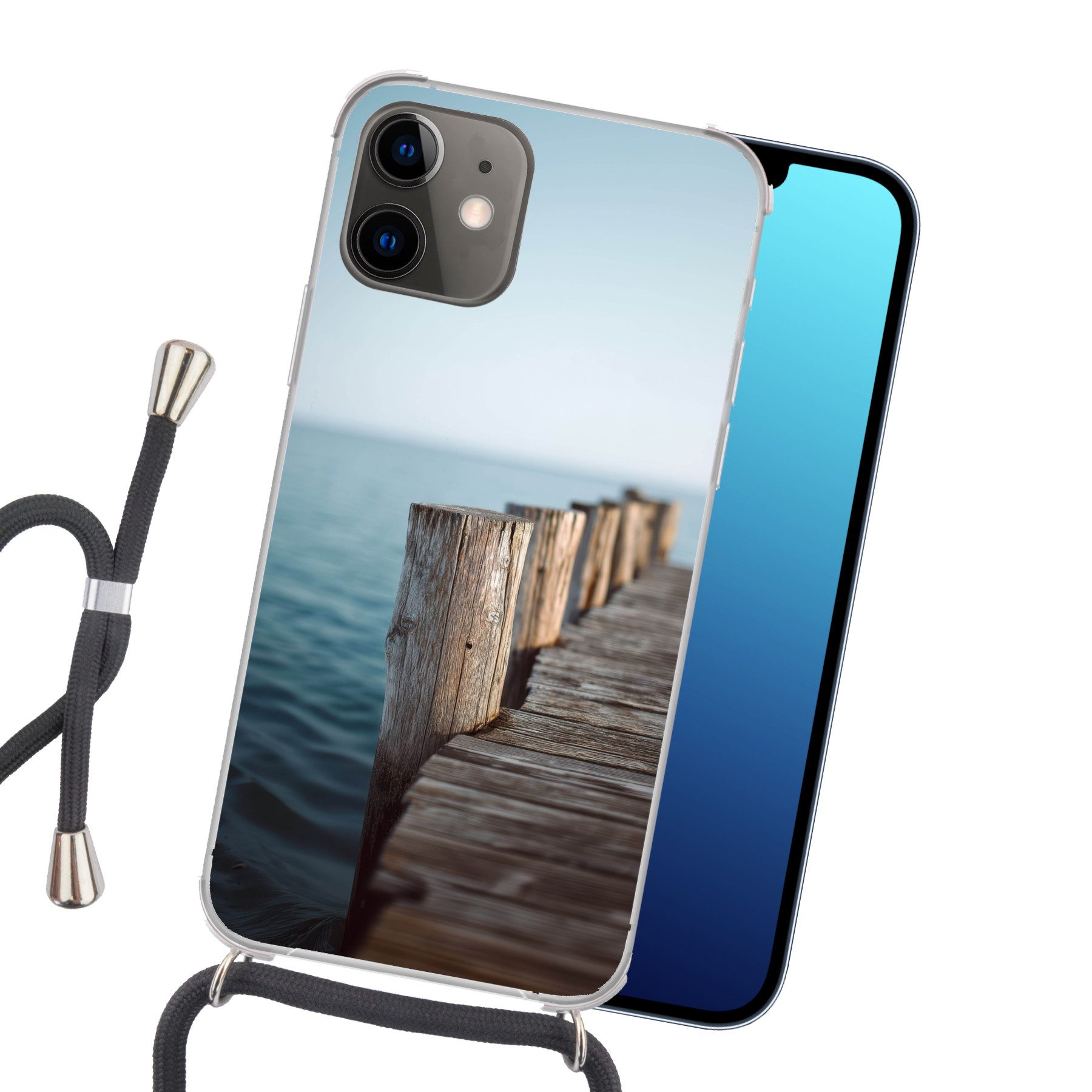 MuchoWow Handyhülle für Apple iPhone 11 Hölzernes Gerüst - Strahlend blauer Himmel, Tragbare Handyhüllen mit Kette zum umhängen, Handykette Handyband