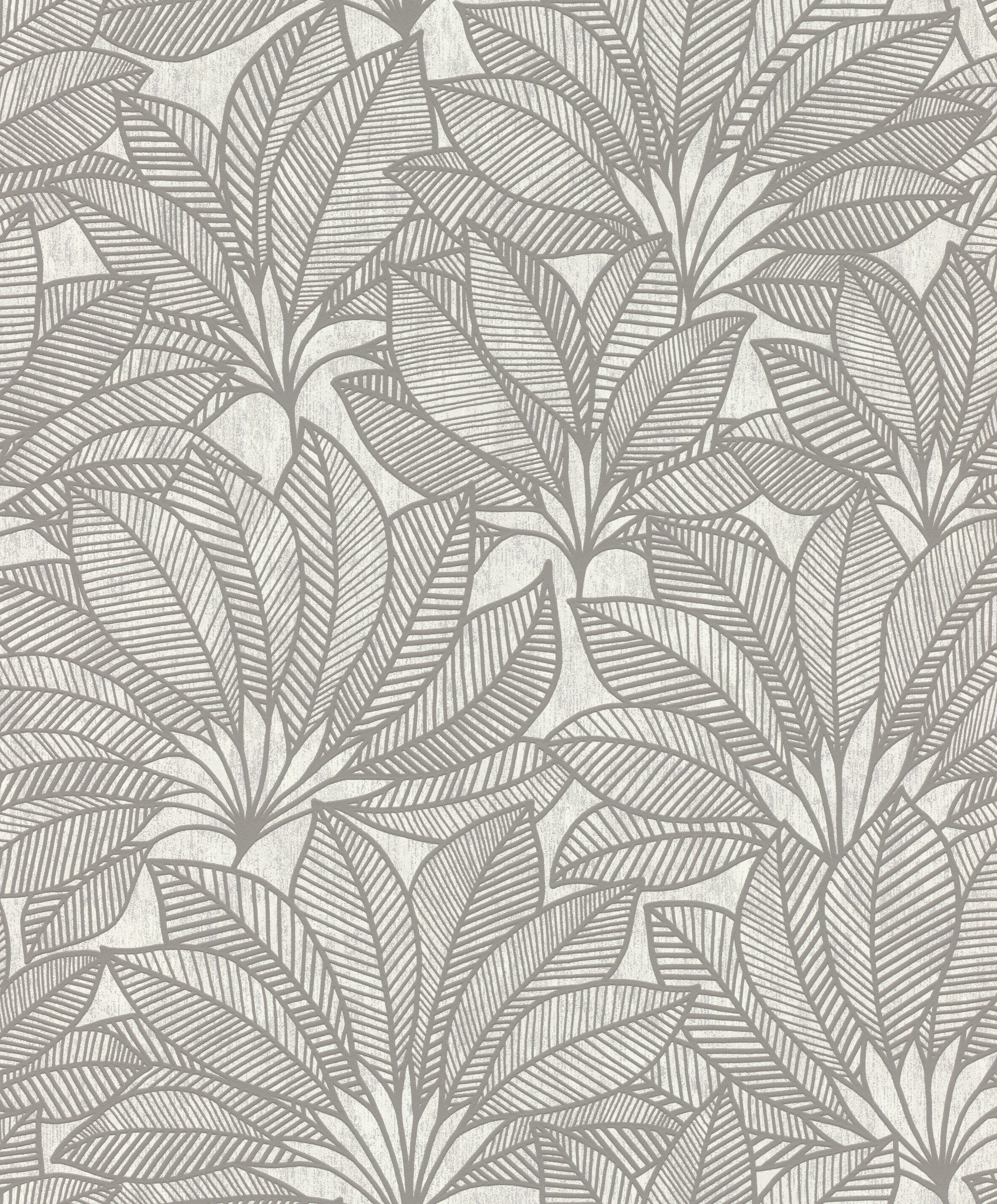 Rasch Vliestapete Blattmuster - Vliestapete Beige Grau, floral, strukturiert, glänzend, grafisch, (1 Rolle, 1 St., Kollektion 'Deco Style' - 10,05 m x 0,53 m), Lichtbeständige Farben - Feucht abwischbar - Restlost abziehbar