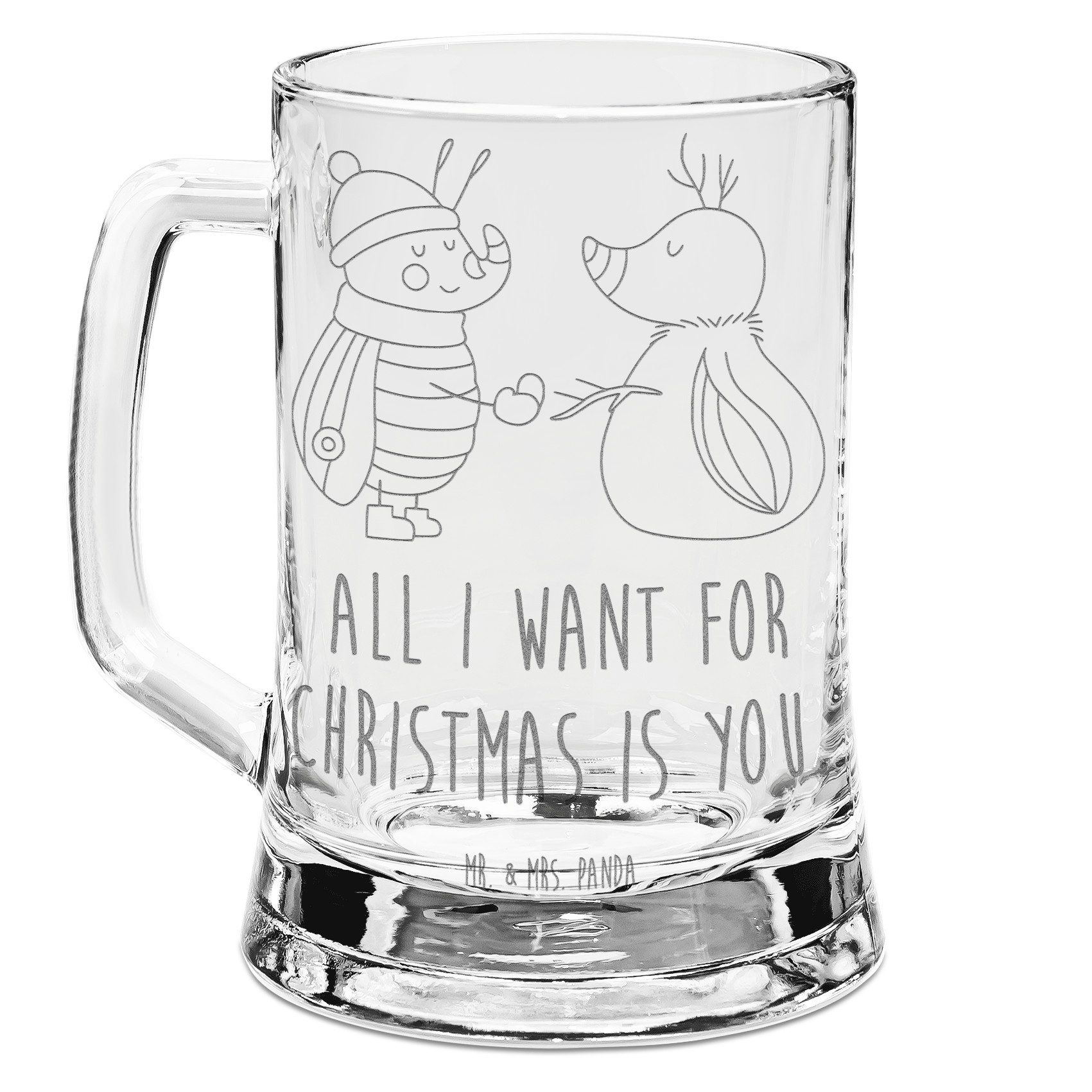 Mr. & Mrs. Panda Bierkrug Nachtfalter Schneemann, Gravur Bierkrug, Transparent, Advent, Winter, Premium Glas, Namensgravur Bierkrug Familienbild Gravur Krug Initialen Gravur