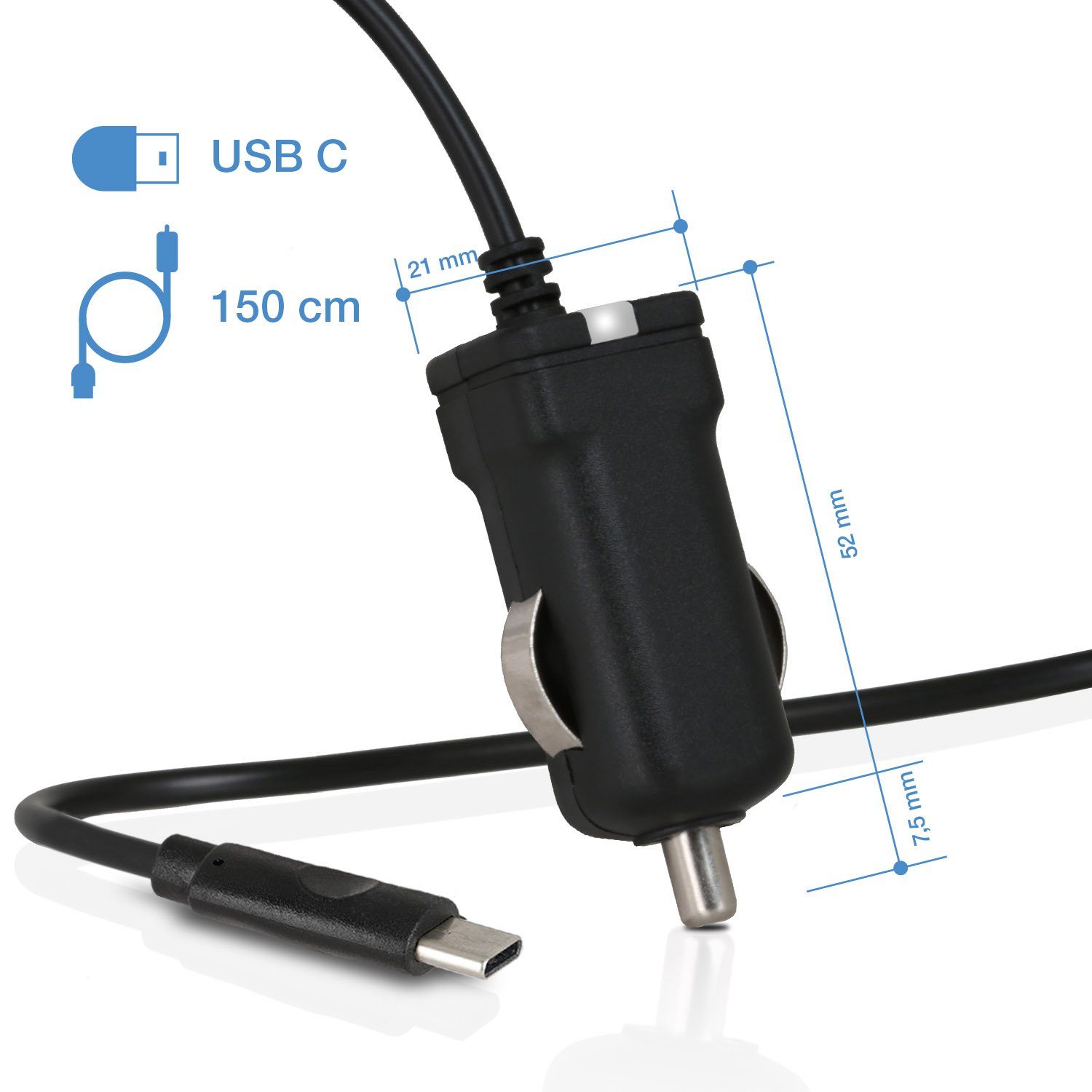 Wicked Chili 1,5m KFZ USB-C Auto-Adapter Stecker kompatib (150cm, Huawei für Xiaomi LED Typ Ladegerät Ladekabel 150 zu KFZ Licht, Samsung cm, 2.4A) USB Zigarettenanzünder-Stecker C mit USB-C, Sony