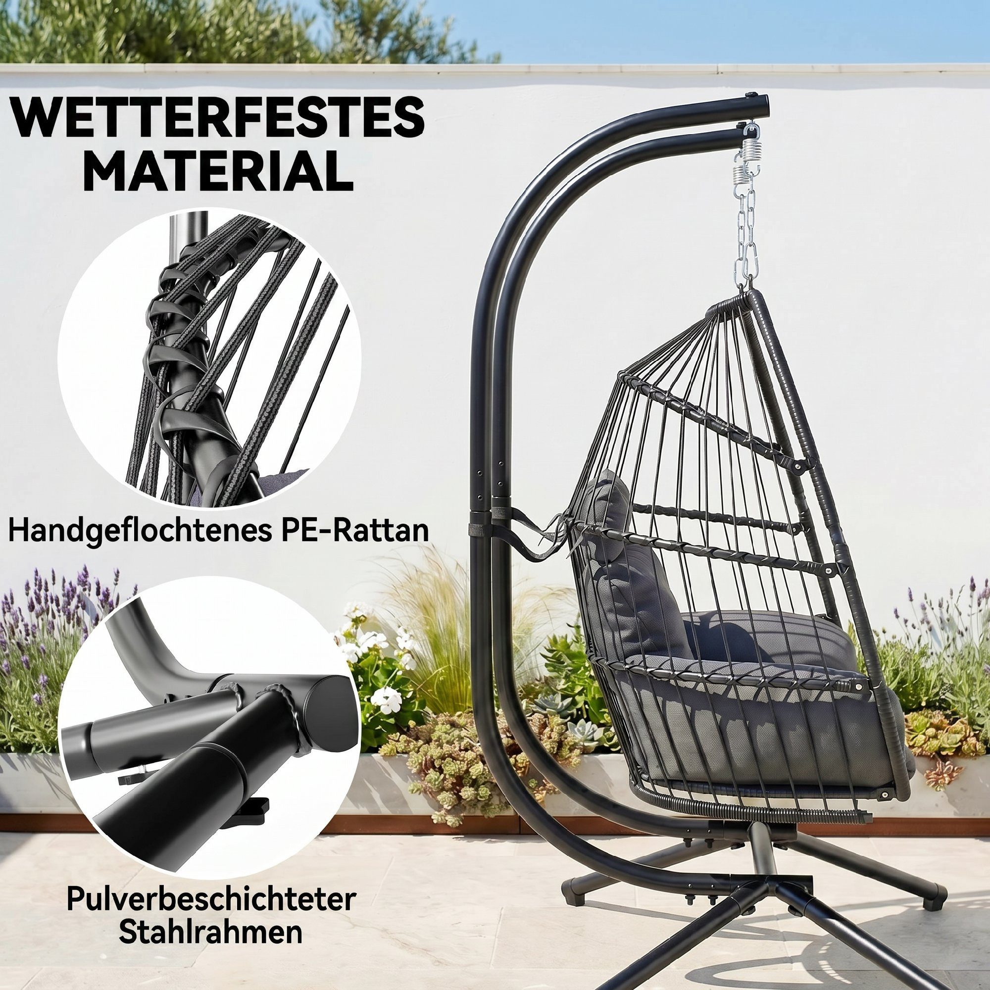 Outsunny Schaukelstuhl Hängekorb mit Kissen Polyrattan Ergonomisch Hängeschaukel (faltbar Hängesessel mit Gestell, 1 St), belastbar bis 260kg, für Balkon, Terra – Bild 5 von 5