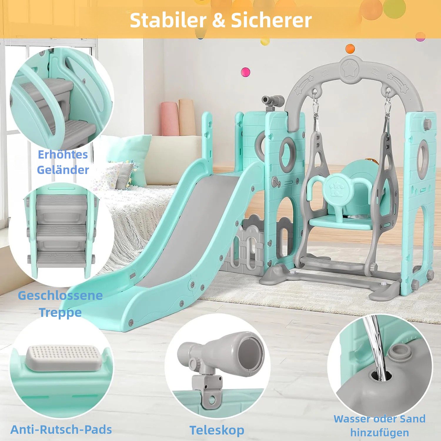 TLGREEN Rutsche 5-in-1 Kinderrutsche, Gartenrutsche Breite Stufen und Griffe, (Indoor und Outdoor Freistehende Rutsche), Kinderrutsche mit Schaukel, Klettergerüst, Spielplatz für Kleinkinder