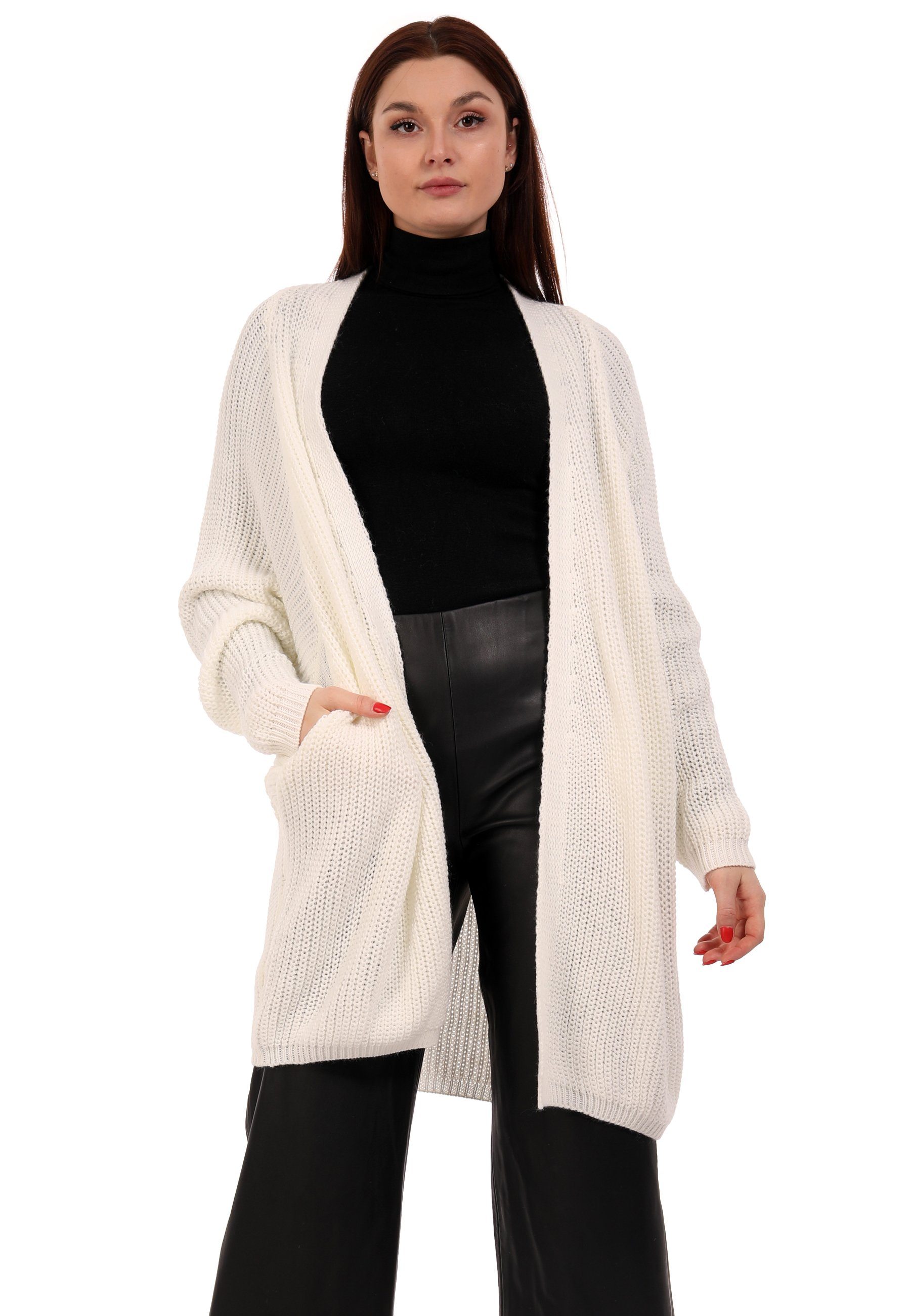 weiß verschlusslos Plus Oversize & casual, Cardigan mit (1-tlg) Basic-Form Strickjacke Ärmeln Fashion Size Cardigan Style YC langen