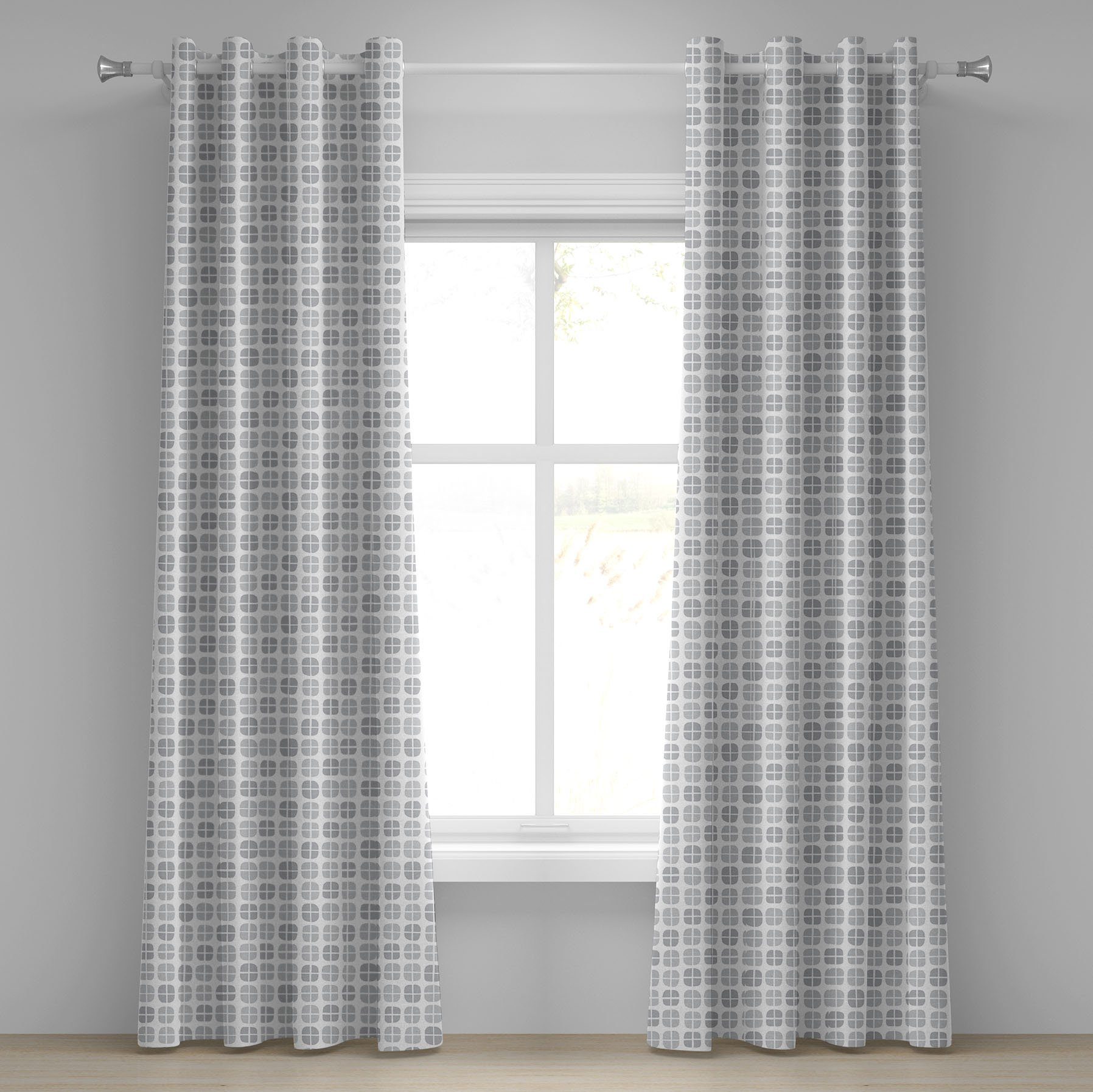 quadriert für Geometrische 2-Panel-Fenstervorhänge Schlafzimmer Gitter Gardine Wohnzimmer, Grau Dekorative Abakuhaus,