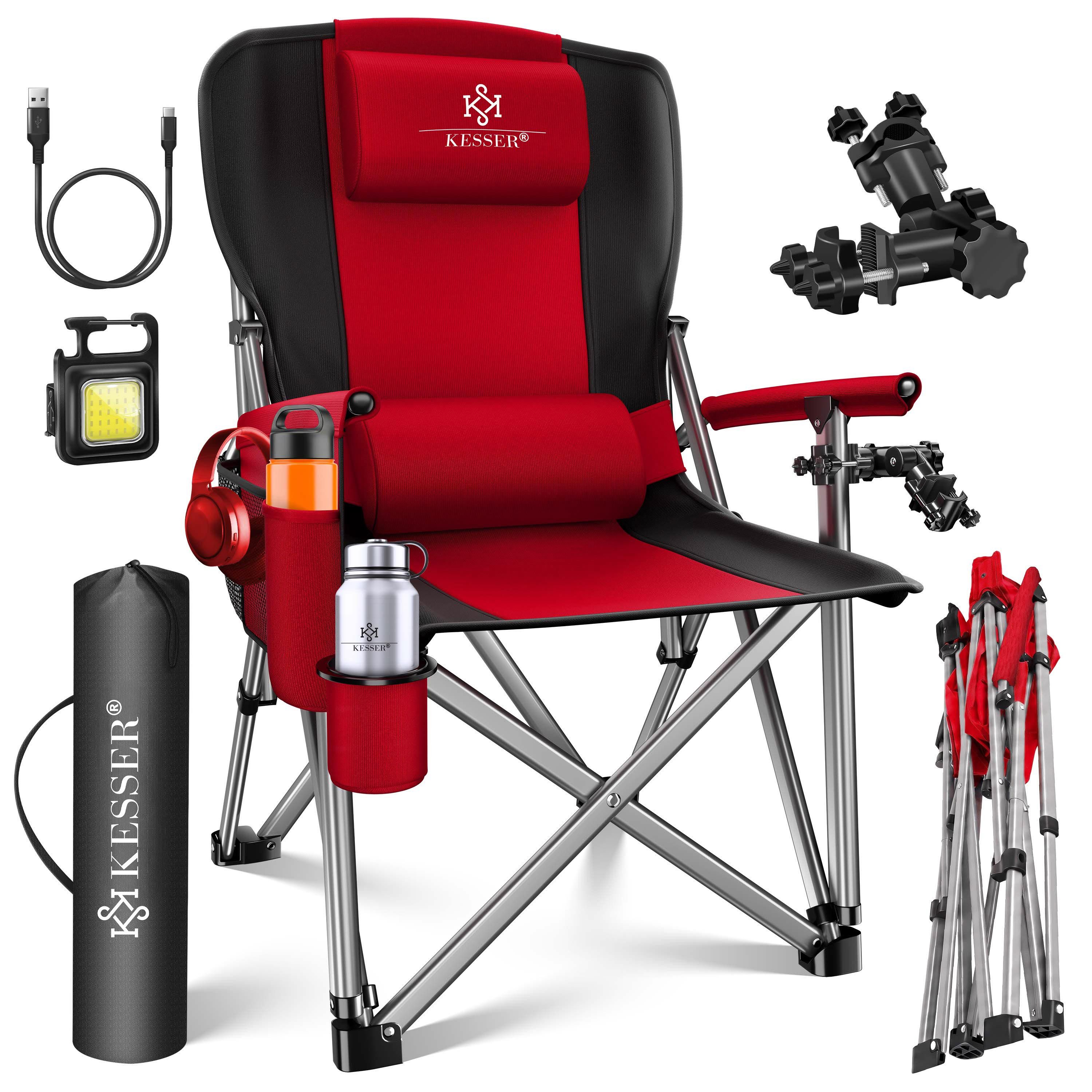 KESSER Campingstuhl (Strandstuhl mit hoher Rückenlehne + Tasche), Campingstuhl Inkl. Campinglicht, Angelhalterung und Getränkehalter