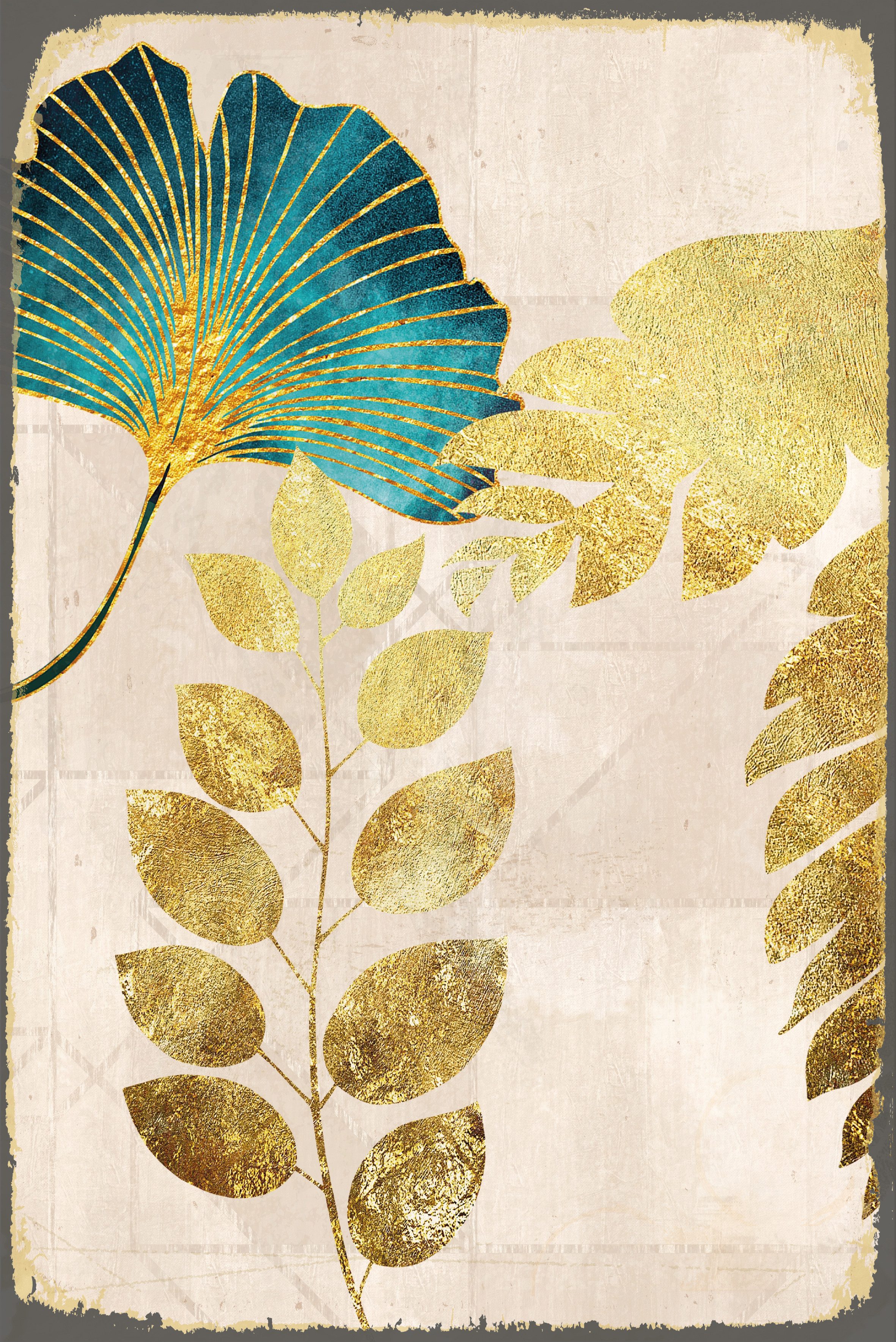 queence Metallschild Blechschild Stahlschild Ginkgo Blätter in gold und türkis, Vintage Schild, Used Look in 20x30 cm