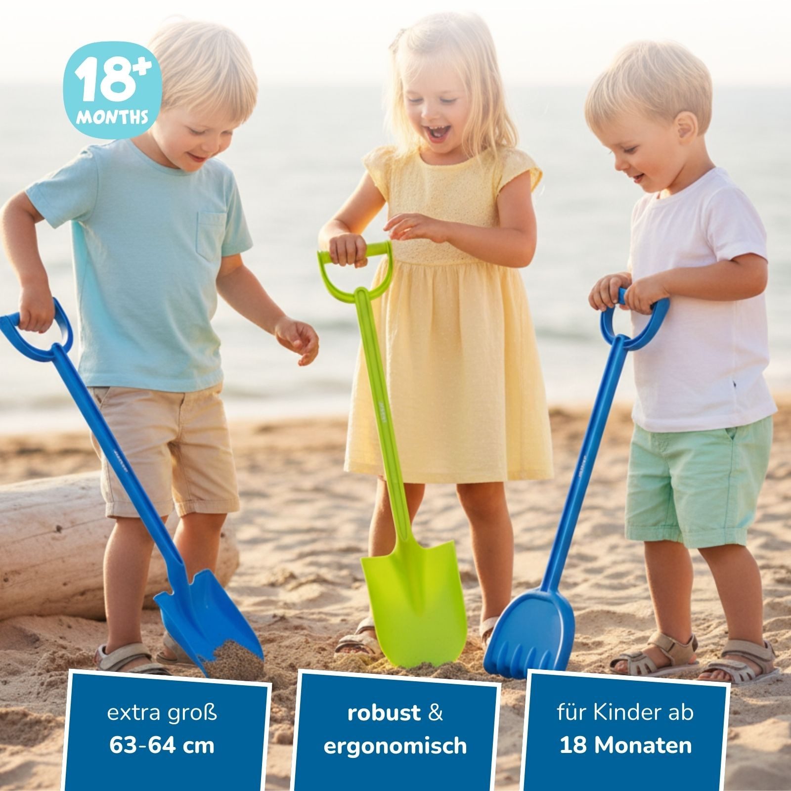 alldoro Sandform-Set XXL Sandschaufel-Set für Kinder ab 18 Monate, 3-teilig, je 64 cm groß, Sandspielzeug, 2 Schaufeln & 1 Harke, für Garten, Strand & Spielplatz