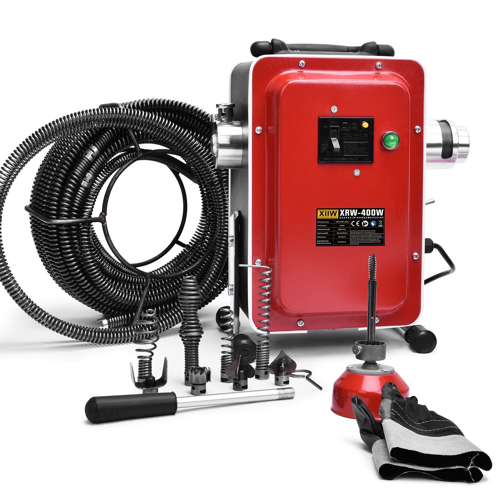 XERSEK Rohrreinigungsspirale Elektrischer Abflussreiniger für Rohr Ø30-100mm Rohrreinigungsmaschine, (set, mit FI-Schalter, Erweitertes Set, 16m Ø16mm Federspirale), Vorwärts- und Rückwärtsschalter, Zur Rohrreinigung und -freimachung