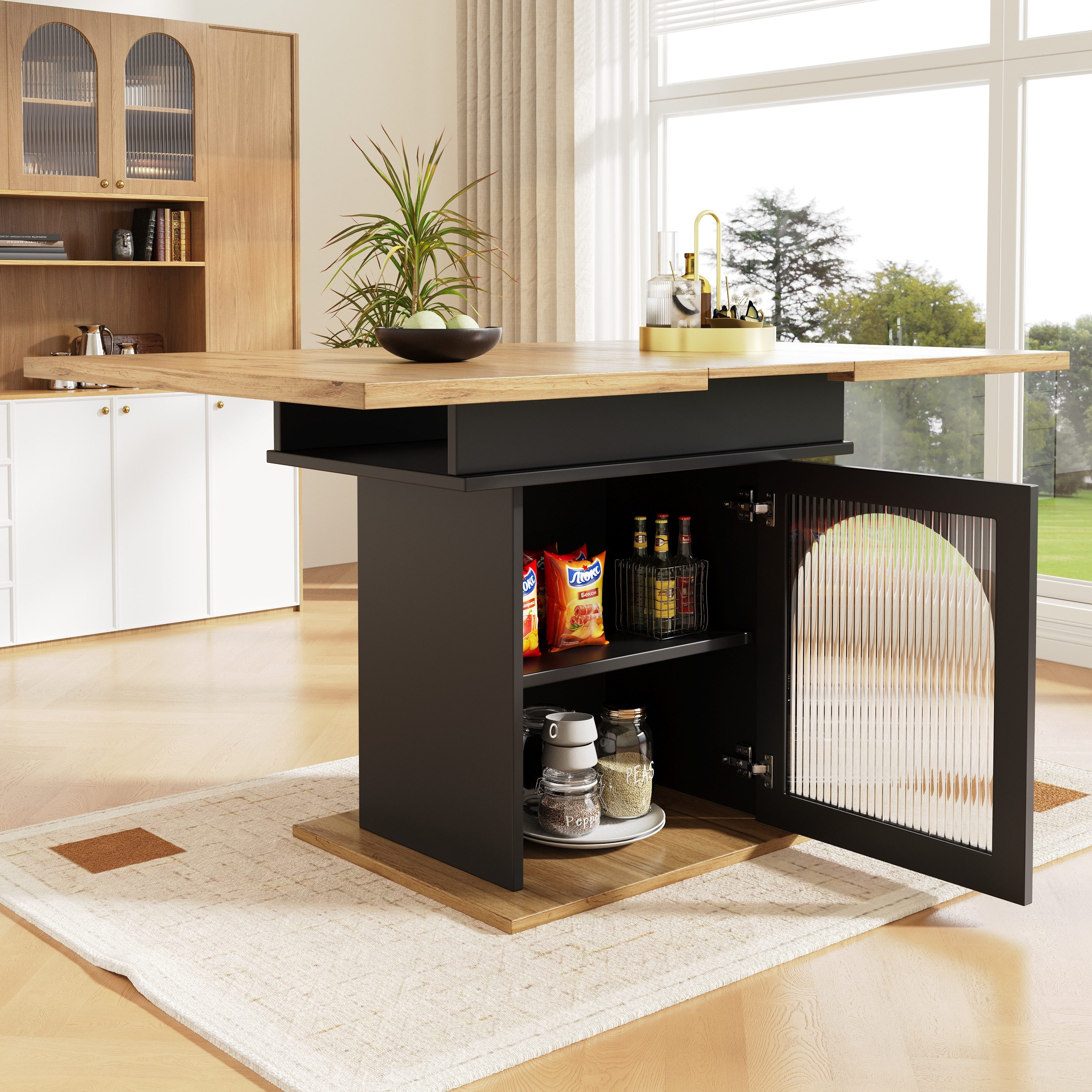 Flieks Esstisch (klappbar 110-140x80x76 cm, 1-St., mit Glastür und Metallgriff), ausziehbar Küchentisch rechteckig mit Stauraum Schreibtisch schwarz