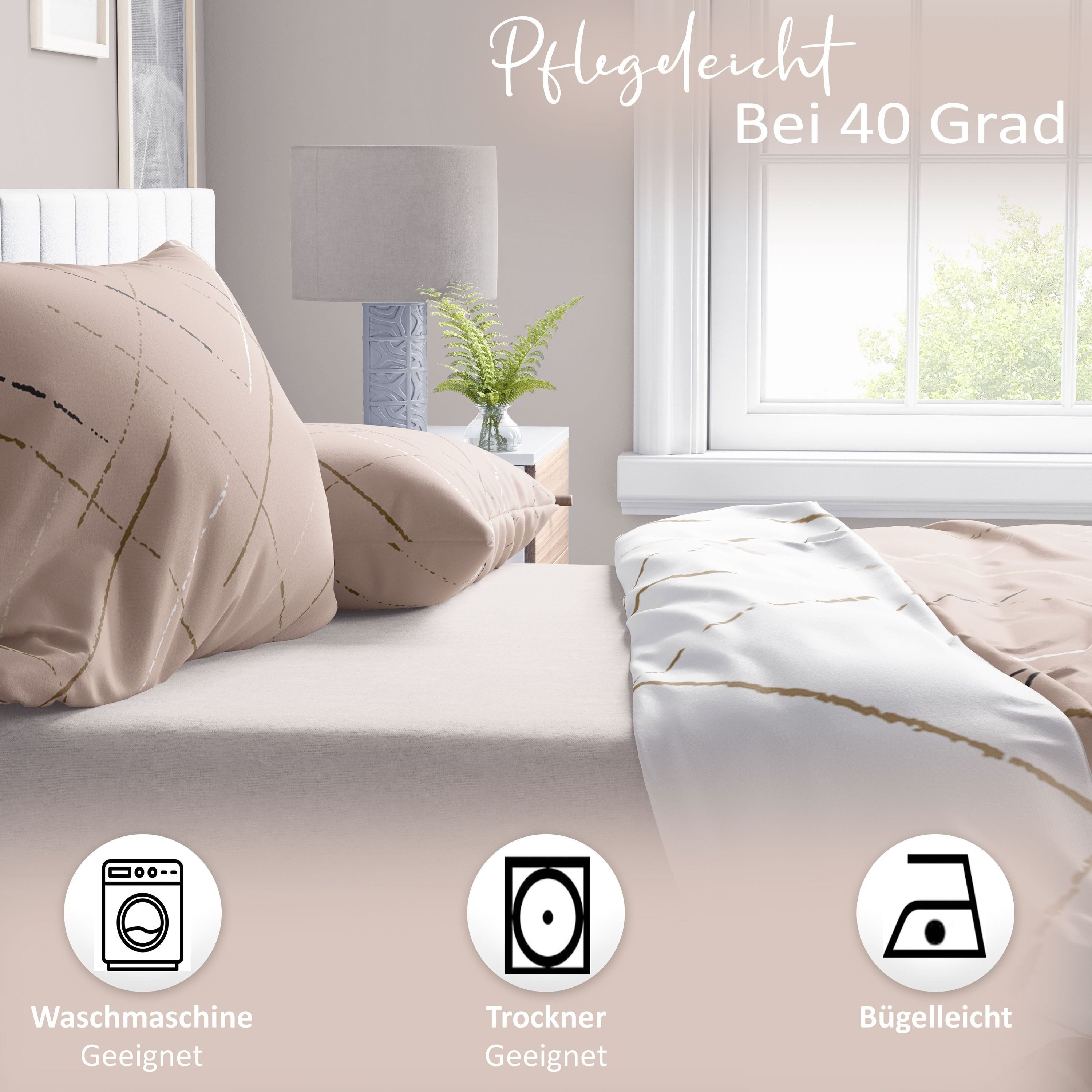 Leonado Vicenti Bettwäsche Hochwertige Polycotton, Baumwolle, 2 teilig, schlichtes Streifen Design mit Wendeseite, Beige, Grün und Grau – Bild 4 von 5