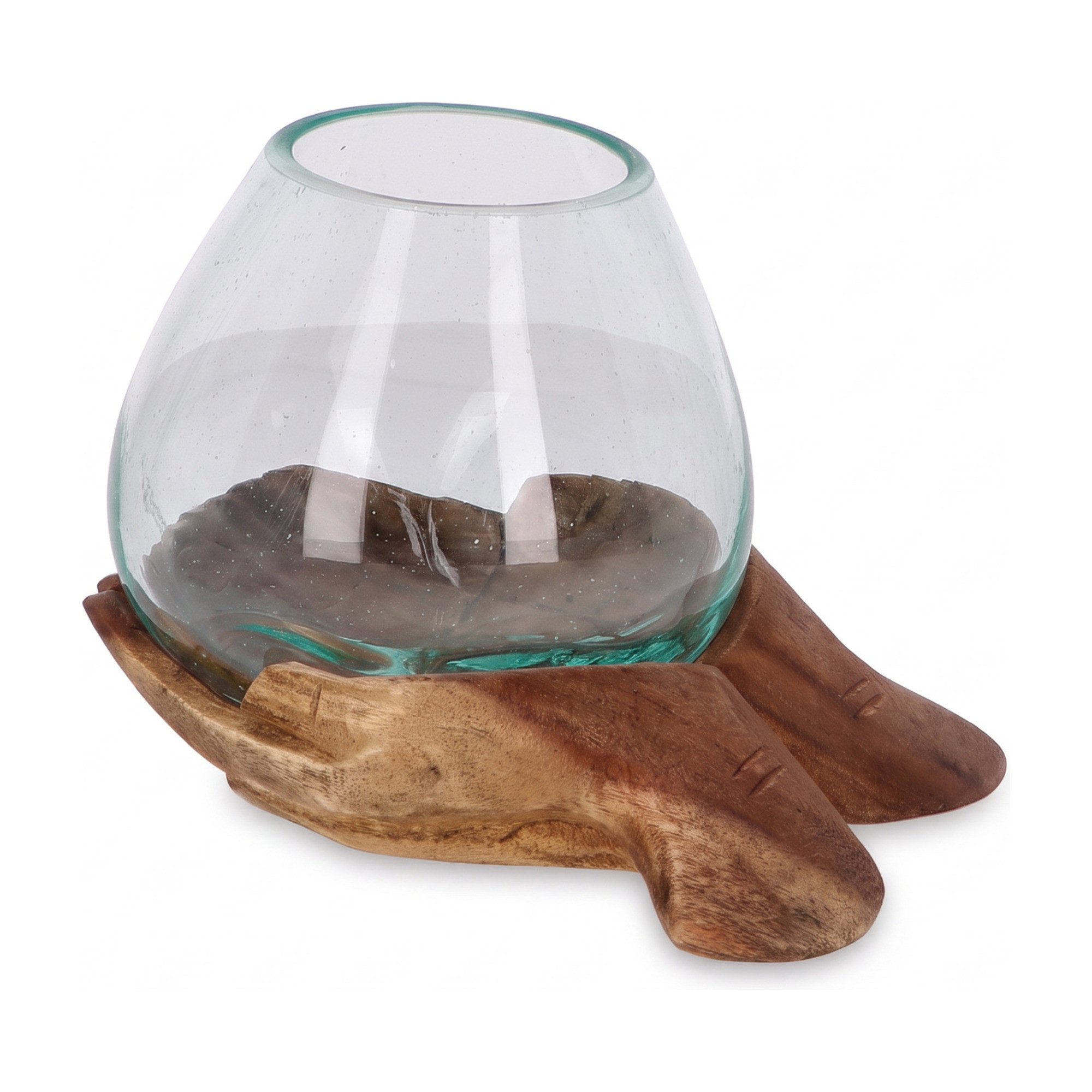 AlPa Living 100% Handmade Dekoschale Holzhand mit Glasschale, Unikat aus Suarholz mit mundgeblasenem Glas