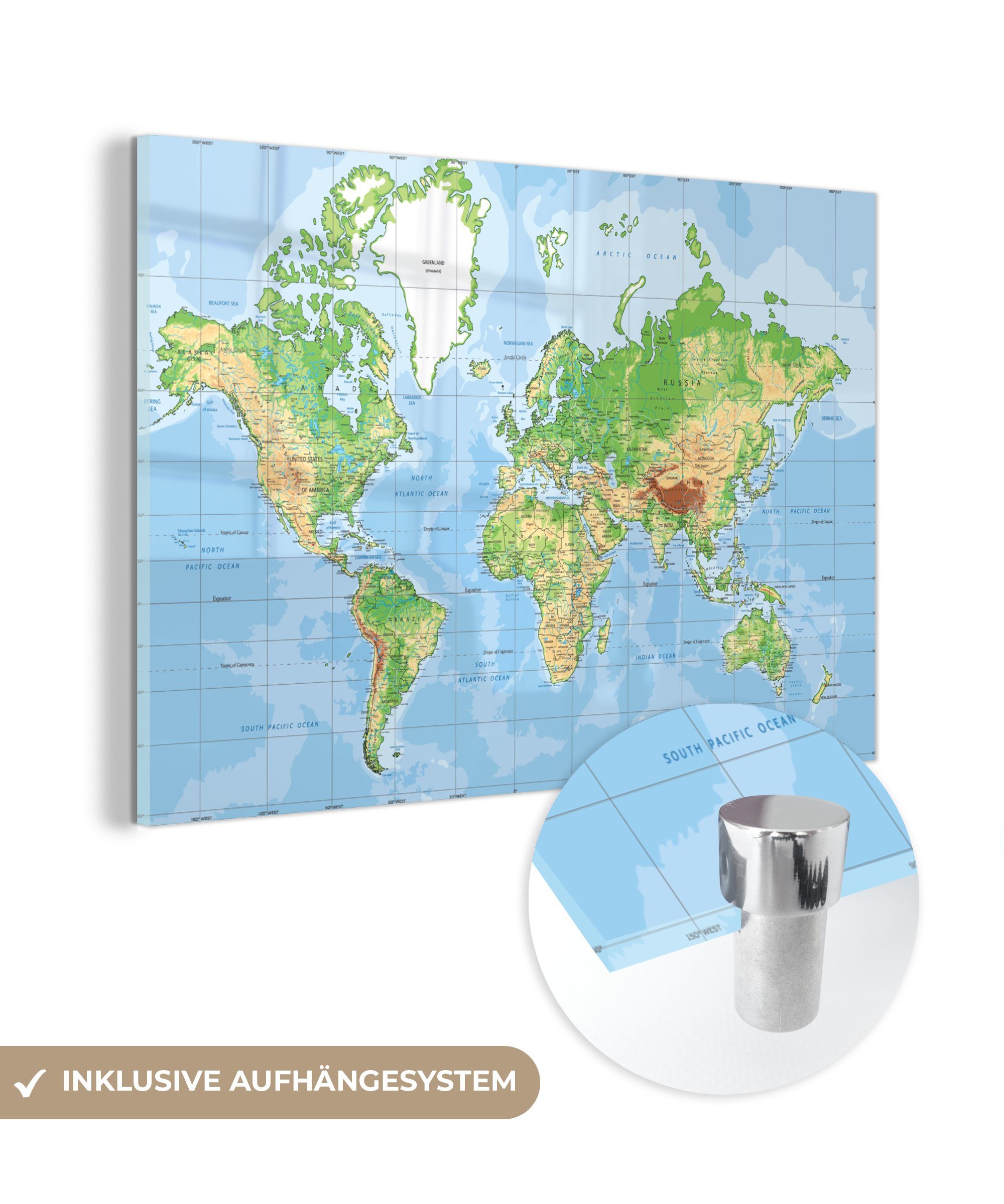 MuchoWow Acrylglasbild Weltkarte - Atlas - Topographie, (1 St), Glasbilder - Bilder auf Glas Wandbild - Foto auf Glas - Wanddekoration