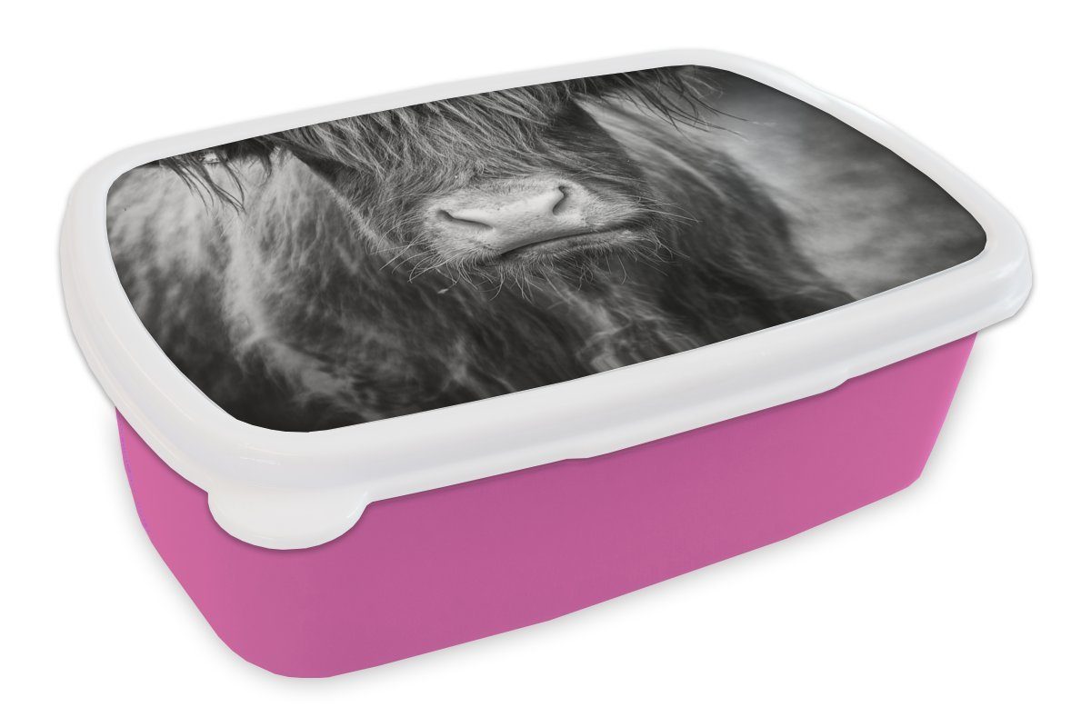MuchoWow Lunchbox Schottischer Highlander - Kuhkopf - Schwarz und Weiß, Kunststoff, (2-tlg), Brotbox für Erwachsene, Brotdose Kinder, Snackbox, Mädchen, Kunststoff rosa
