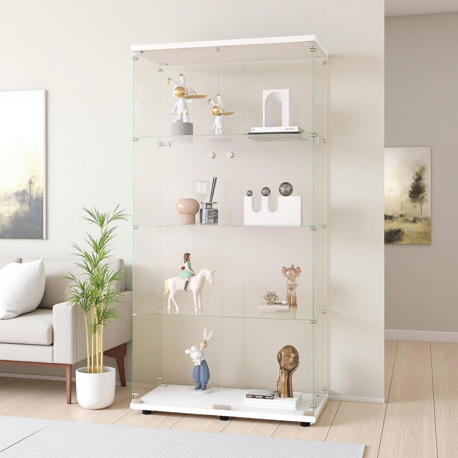 LuxusKollektion Glasvitrine Glasvitrine Vitrinenschrank Schloss Weiß ohne Led 4 Etagen 2 Tür