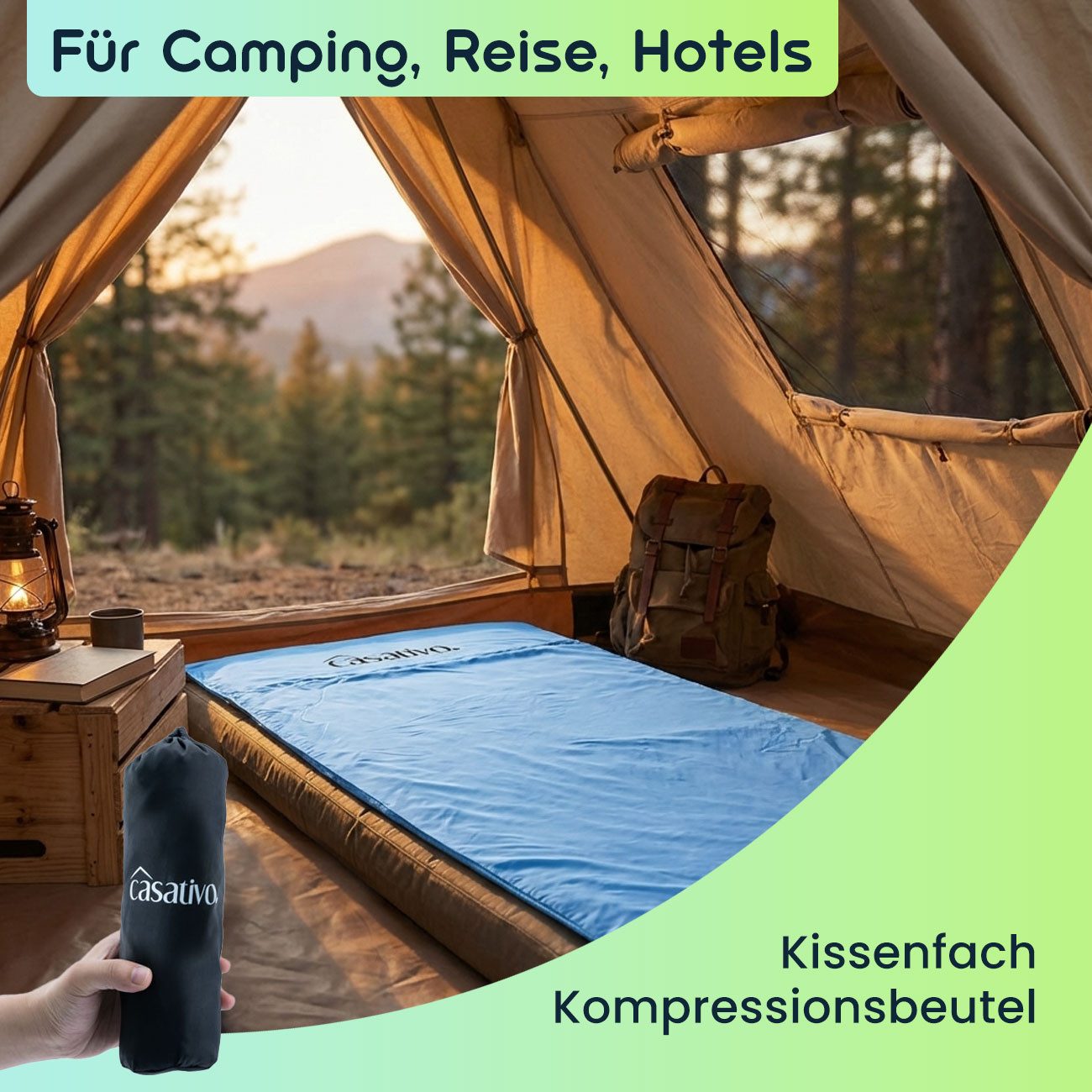 Casativo Hüttenschlafsack Ultraleicht Hüttenschlafsack aus atmungsaktiven Mikrofasern 200g Blau (1 tlg), Kissenfach & Transporthülle, 210x75 cm, Packmaß (6x25 cm)