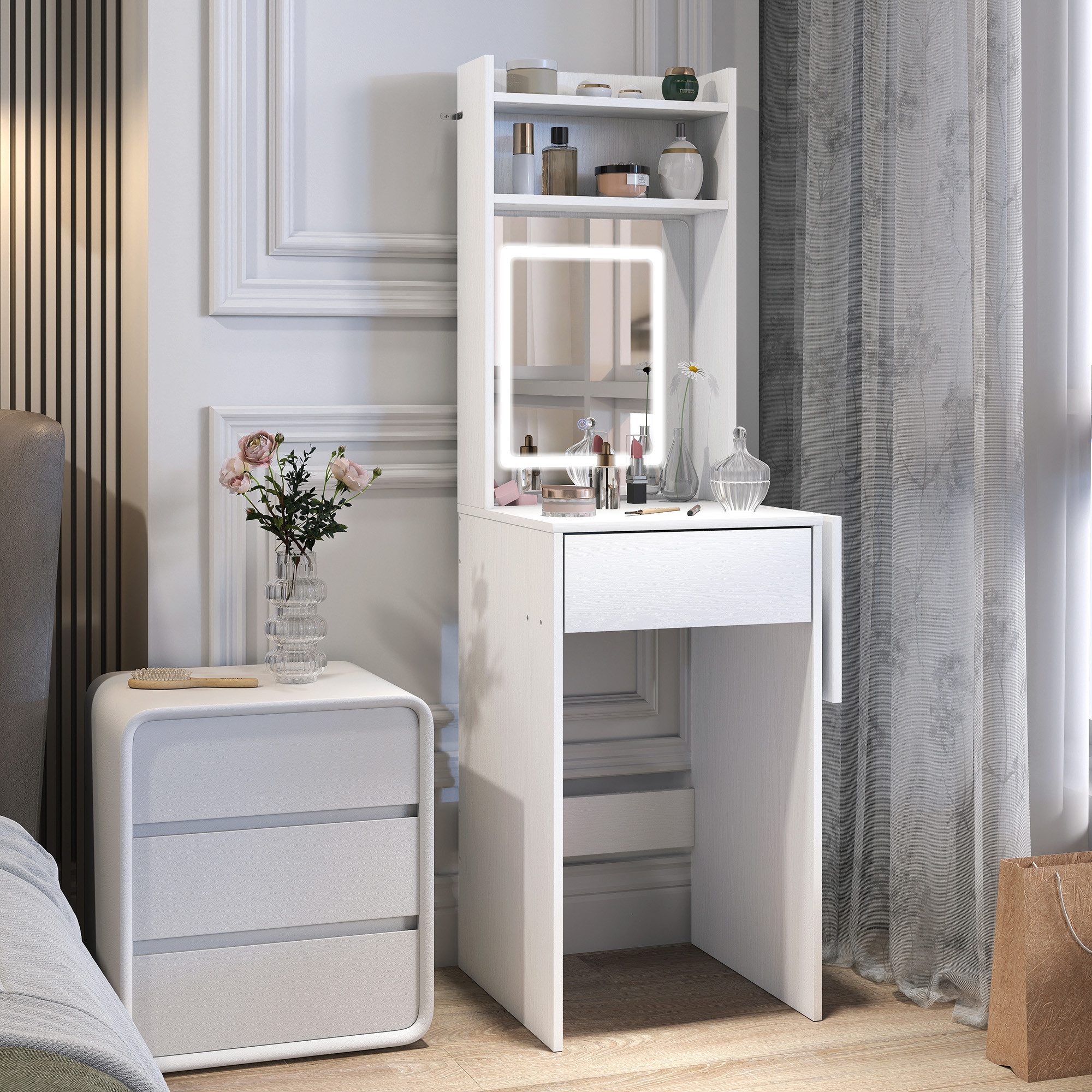HOMCOM Schminktisch LED-Beleuchtung, 3 Lichtfarben, klappbare Tischplatte, Schubladen (Frisiertisch, 1-St., Kosmetiktisch), für Schlafzimmer Weiß