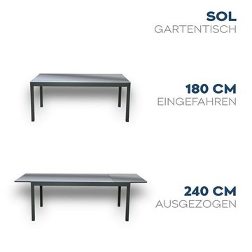 HOME DELUXE Sitzgruppe SOL MADERA, (Ausziehtisch, Terrassentisch, Balkontisch), schnell ausziehbar 180 - 240 cm, aus robustem Aluminium, Gartenmöbel