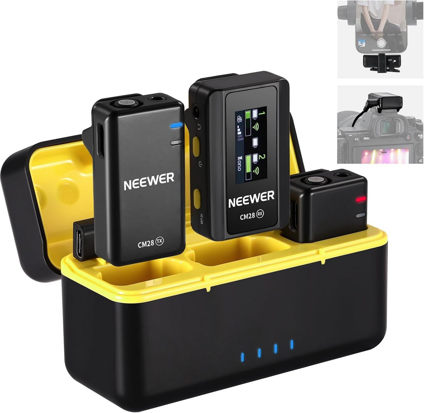 Neewer Streaming-Mikrofon CM28 Kabelloses Lavaliermikrofon mit Rauschunterdrückung, 4GB, 9h (Set), 1 RX + 2 TX + Ladekoffer, 200 m Reichweite, für iPhone Android Kamera