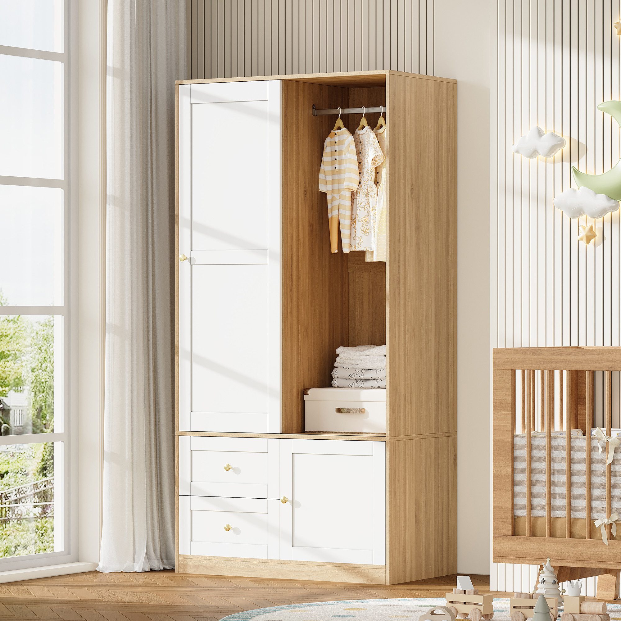 Ulife Babyzimmer-Komplettset Babymöbel, Kleiderschrank mit Schiebetüren, (1-tlg., Kleiderschrank), Schiebetürenschrank mit 2 Schubladen, Weiß‑Holzoptik, 90 × 50 × 180 cm