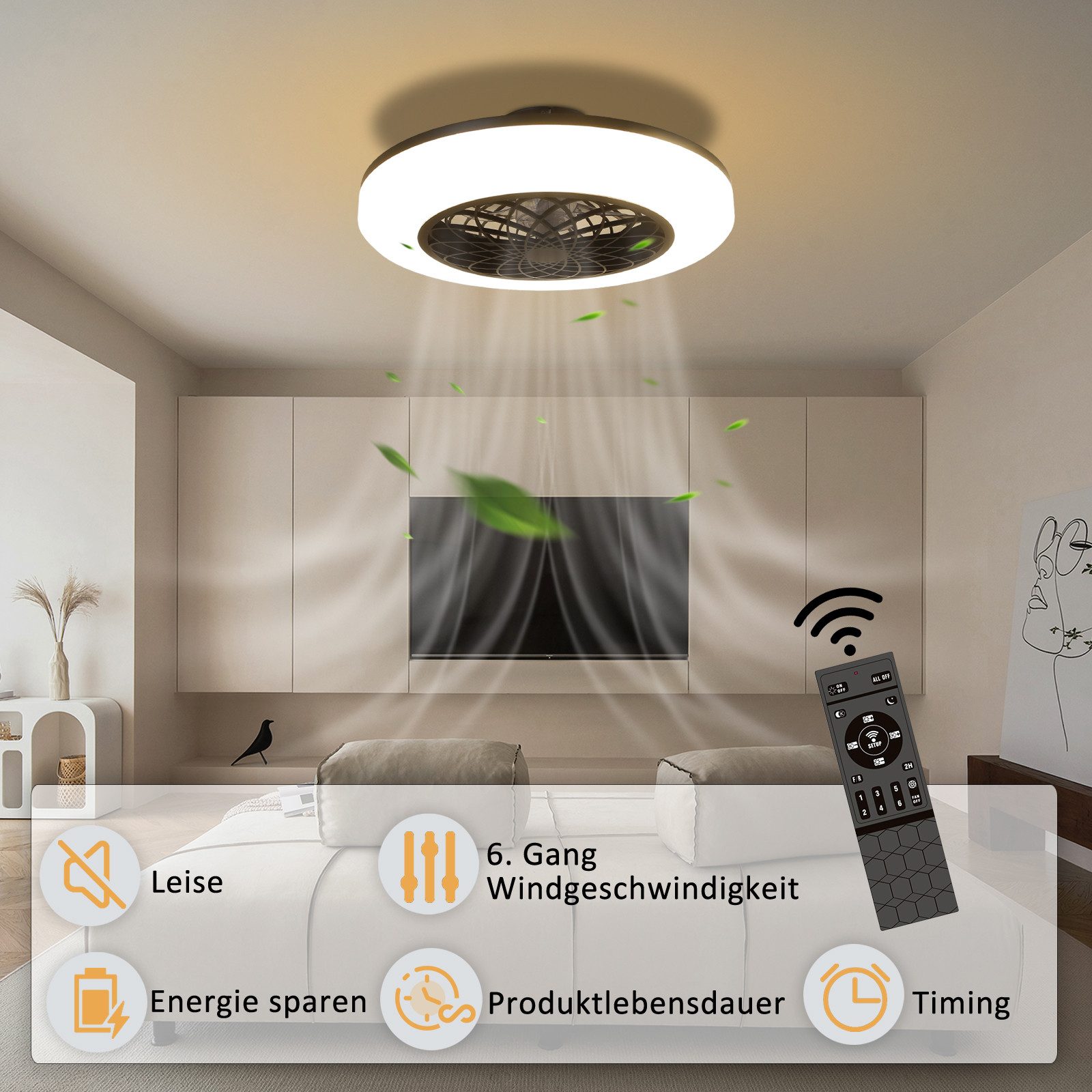 ZMH Deckenventilator Mit Fernbedienug & Licht Leise für Schlafzimmer Timer Dimmbar Fan